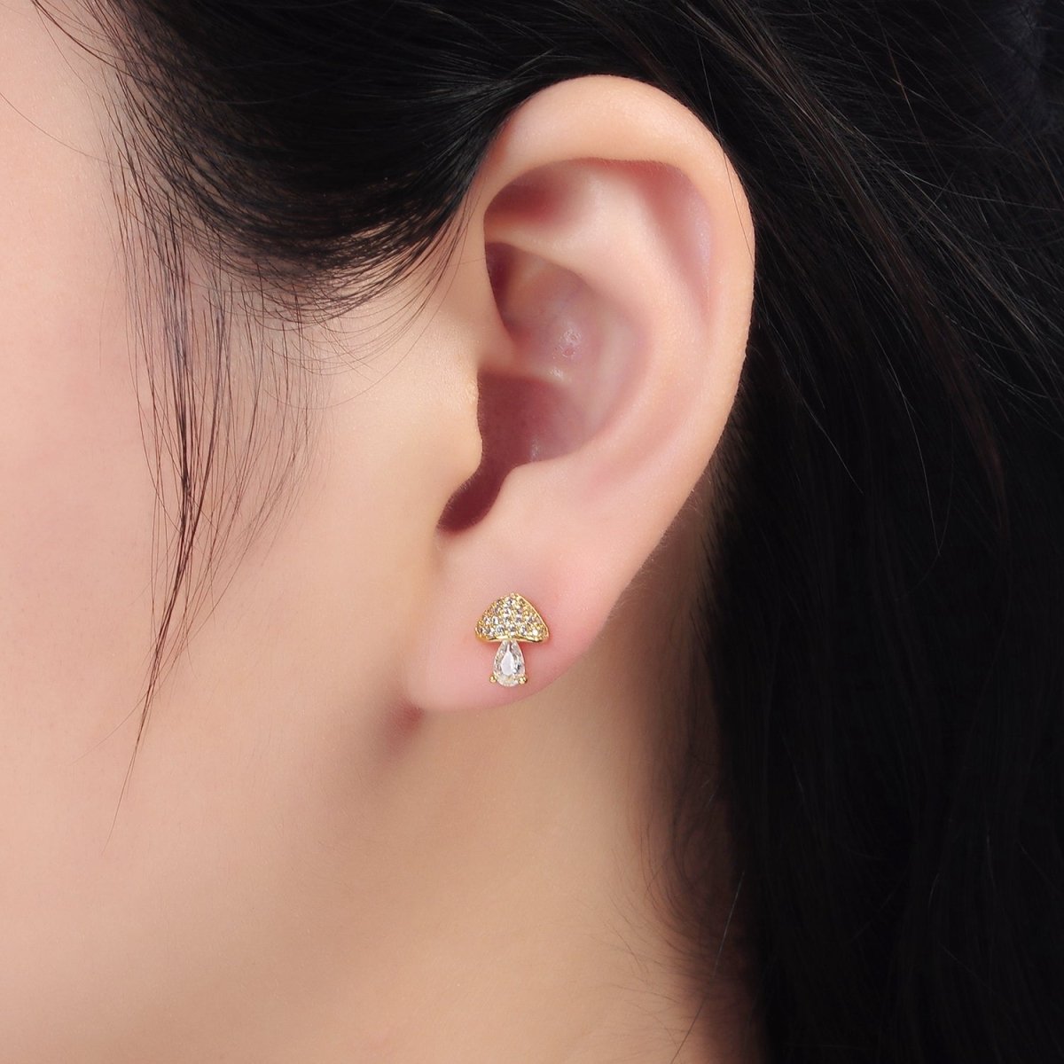 24K Gold Filled Mushroom Clear CZ Teardrop Micro Paved Stud Earrings | AB1241 - DLUXCA