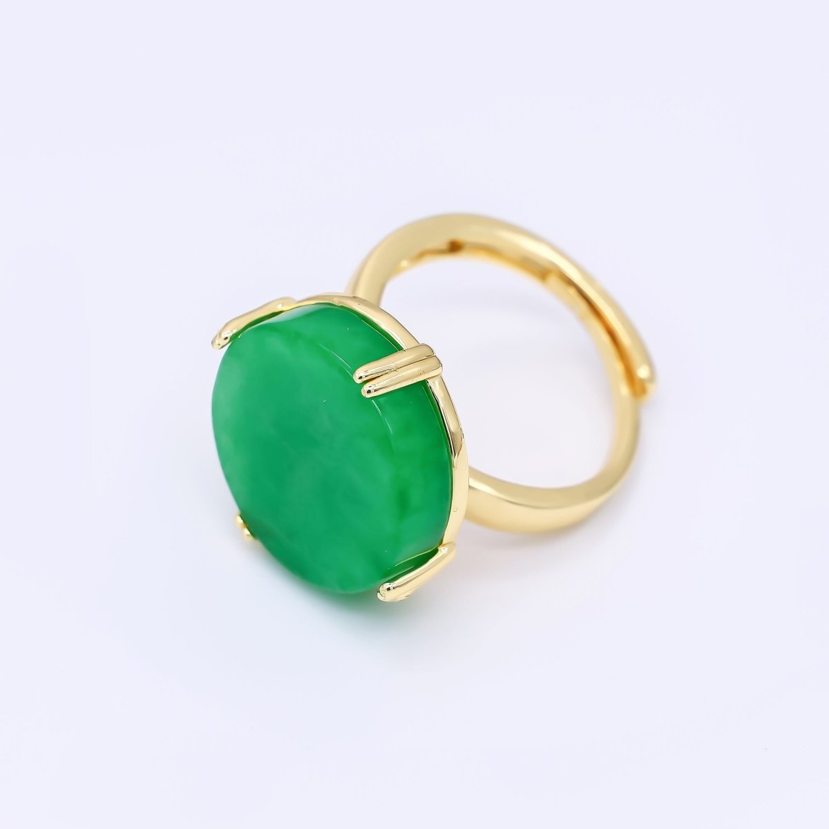 24K Gold Filled Natural Gemstone Jade Large Oval Solitaire Adjustable Ring | O - 1480 - DLUXCA