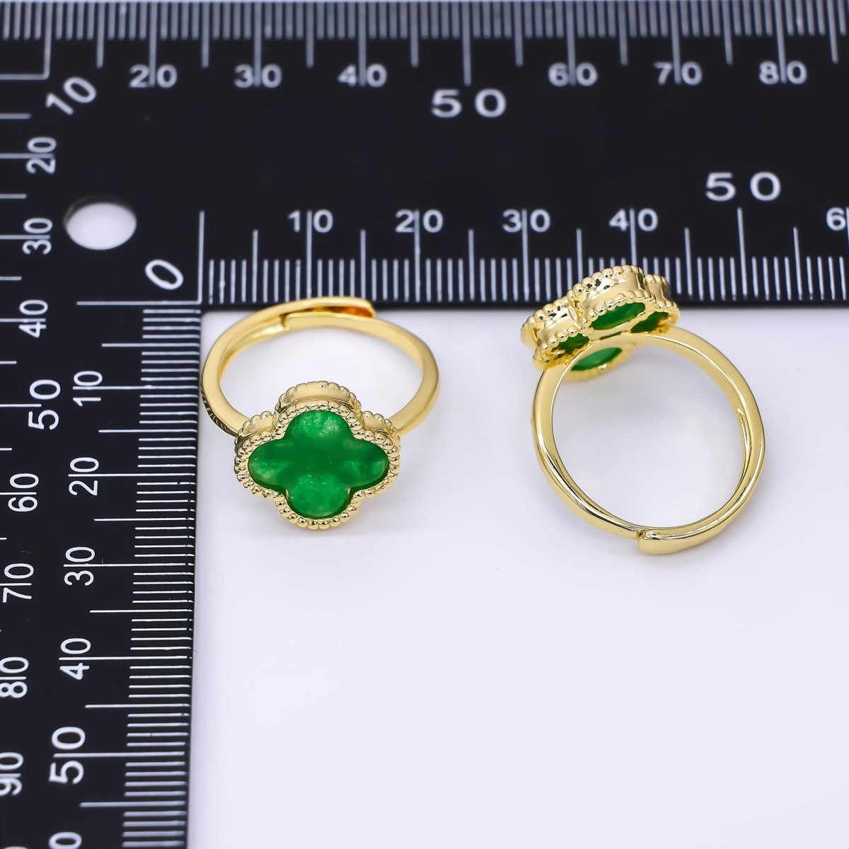 24K Gold Filled Natural Gemstone Jade Lucky Fortune Clover Solitaire Adjustable Ring | O - 1484 - DLUXCA