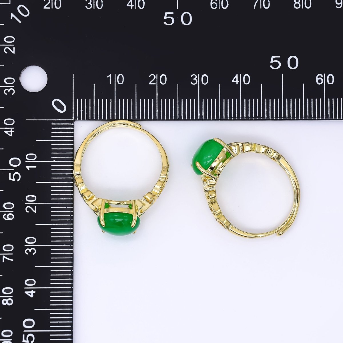24K Gold Filled Natural Gemstone Jade Oval with Heart String Solitaire Adjustable Ring | O - 1482 - DLUXCA