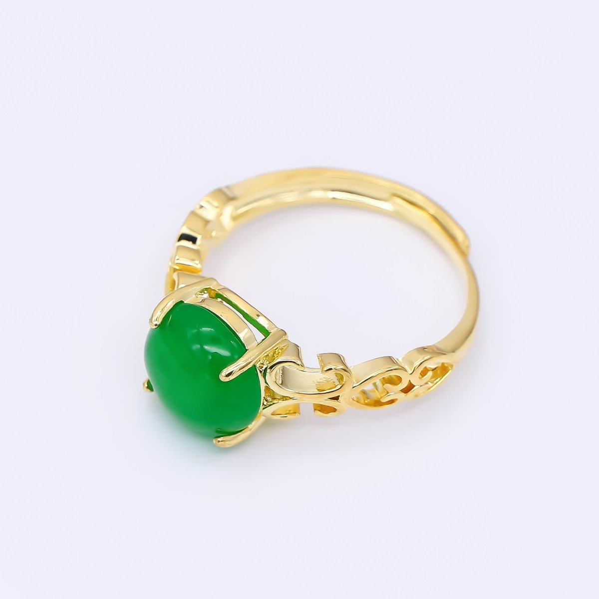 24K Gold Filled Natural Gemstone Jade Oval with Heart String Solitaire Adjustable Ring | O - 1482 - DLUXCA