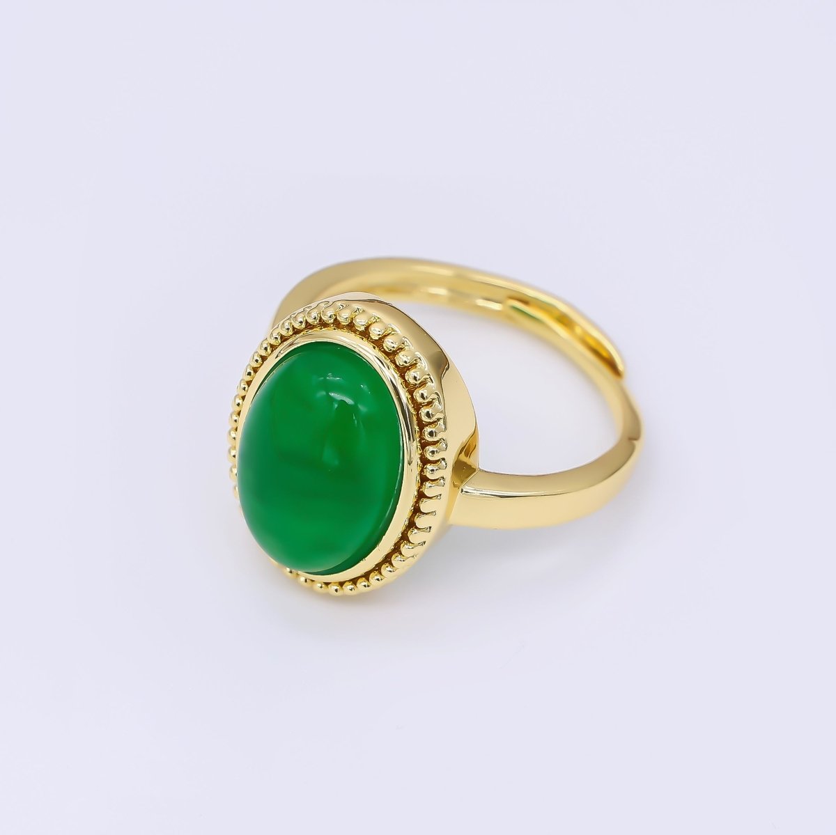 24K Gold Filled Natural Gemstone Lucky Green Oval Solitaire Adjustable Ring | O - 1483 - DLUXCA