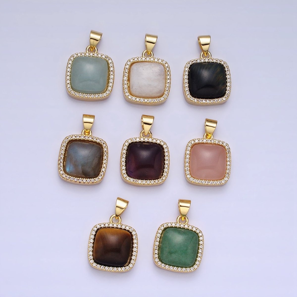 24K Gold Filled Natural Gemstone Micro Paved CZ Square Pendant | AA262 - AA269 - DLUXCA