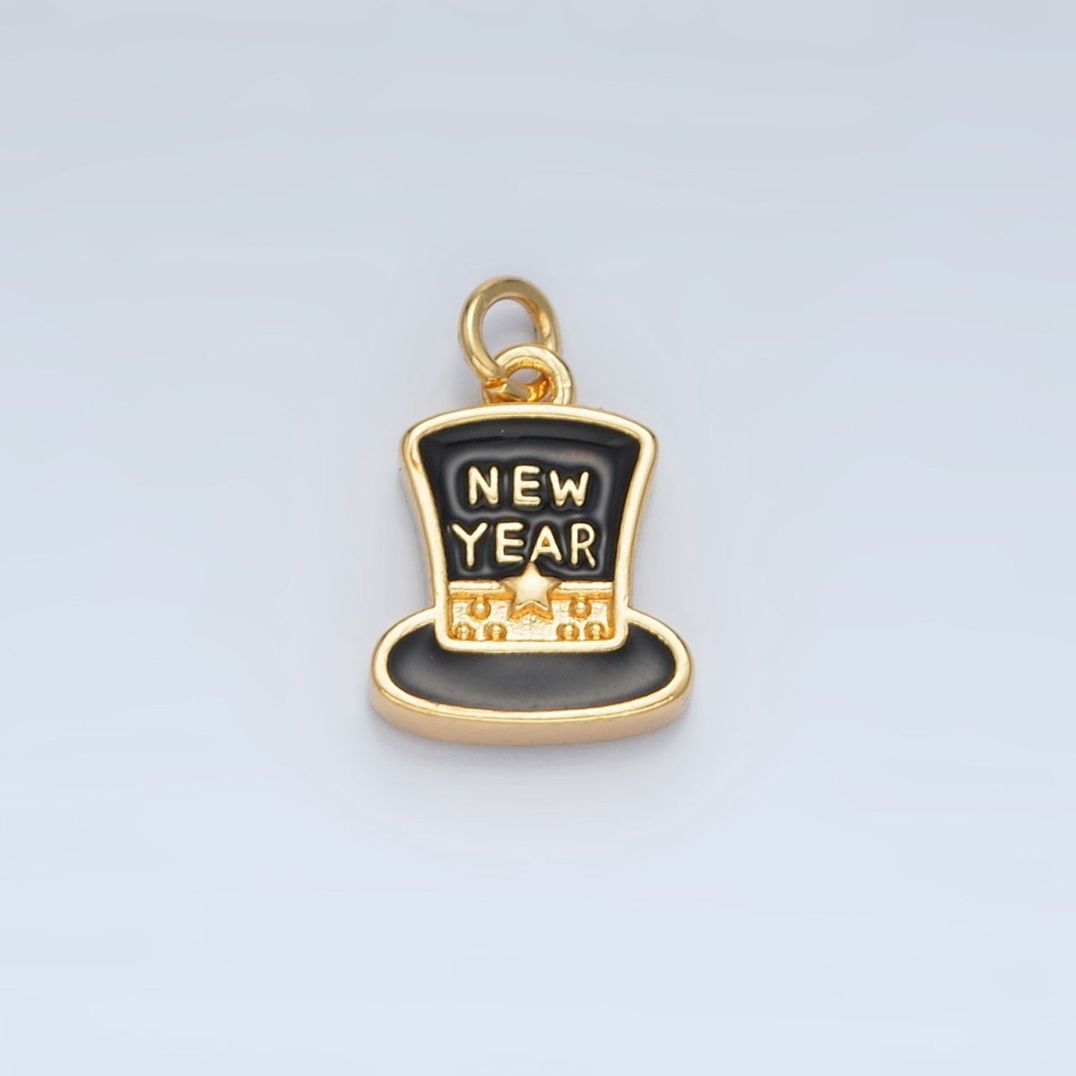 24K Gold Filled "New Year" Script Black Enamel Top Hat Charm in Gold & Silver | N862 - DLUXCA