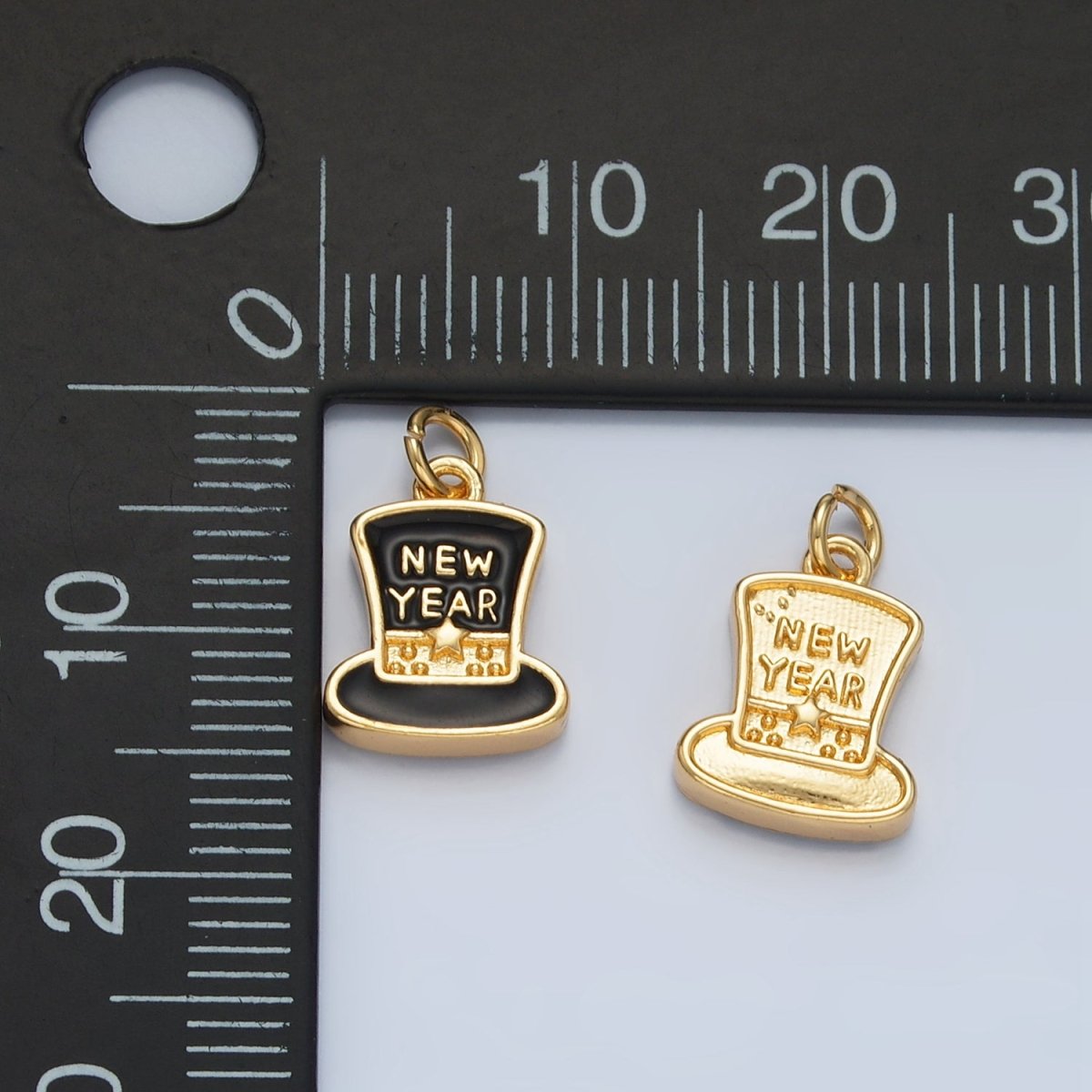 24K Gold Filled "New Year" Script Black Enamel Top Hat Charm in Gold & Silver | N862 - DLUXCA