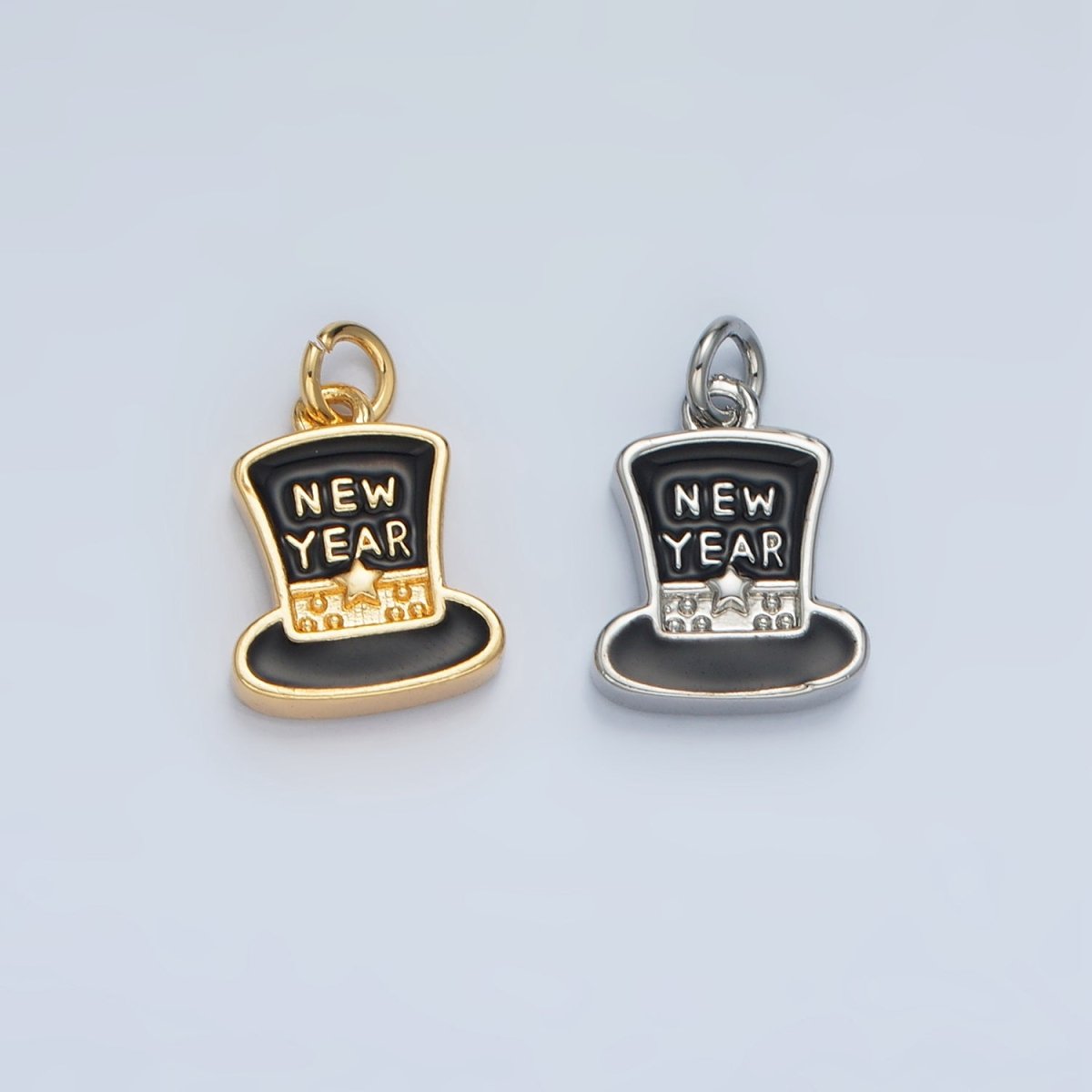 24K Gold Filled "New Year" Script Black Enamel Top Hat Charm in Gold & Silver | N862 - DLUXCA