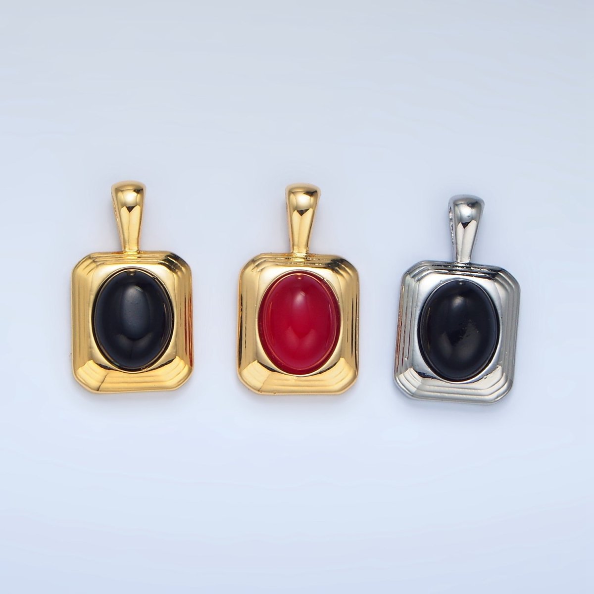 24K Gold Filled Onyx Gemstone Cabochon Rectangle Pendant in Gold & Silver | AA979 - DLUXCA