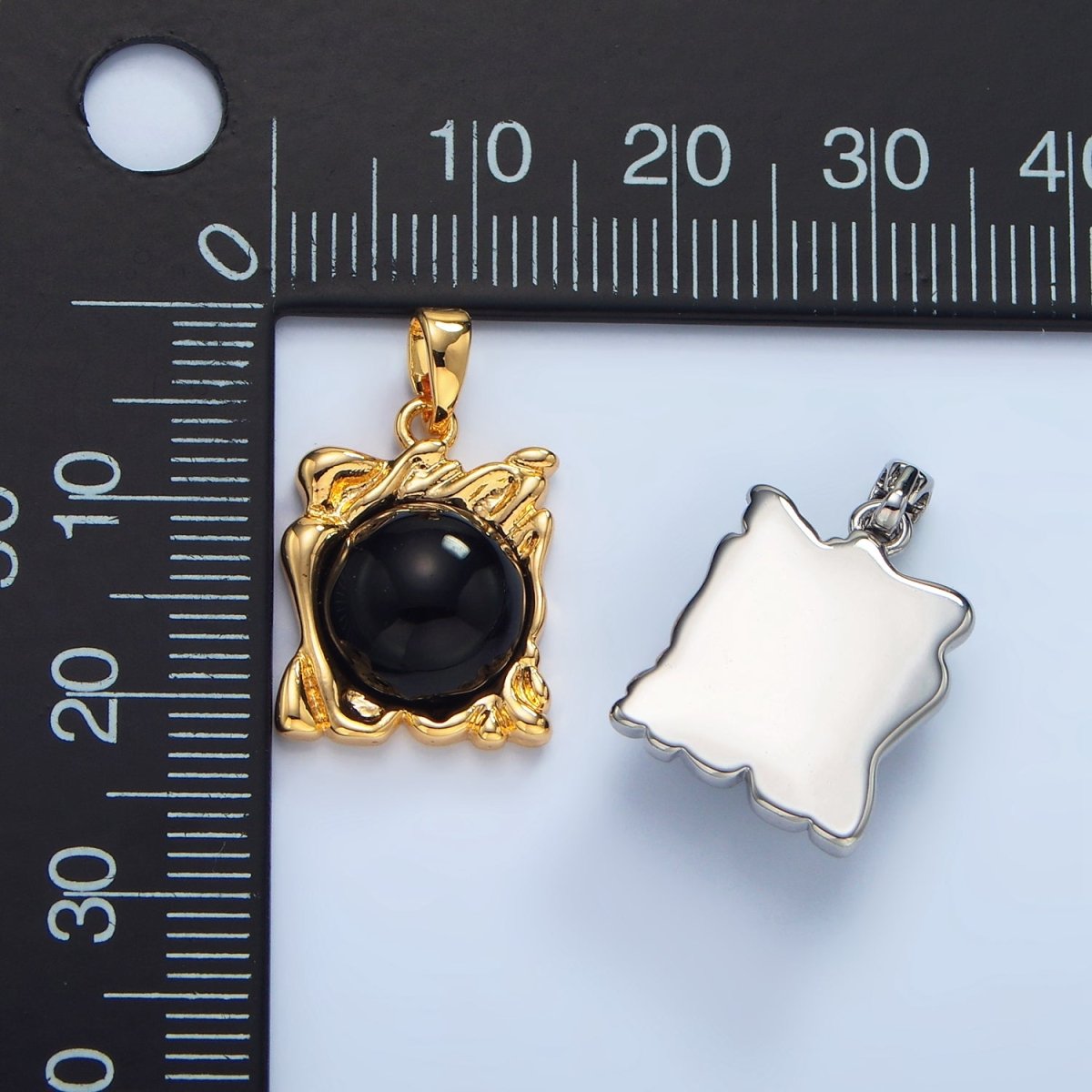 24K Gold Filled Onyx Gemstone Molten Drip Square Pendant in Gold & Silver | AA985 - DLUXCA