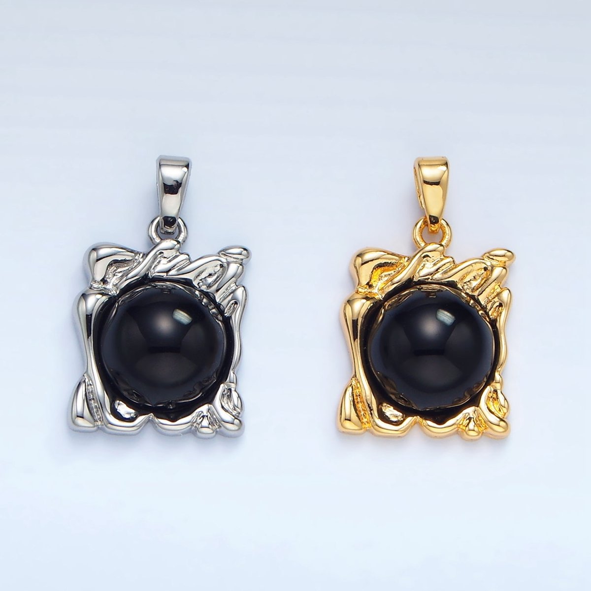 24K Gold Filled Onyx Gemstone Molten Drip Square Pendant in Gold & Silver | AA985 - DLUXCA