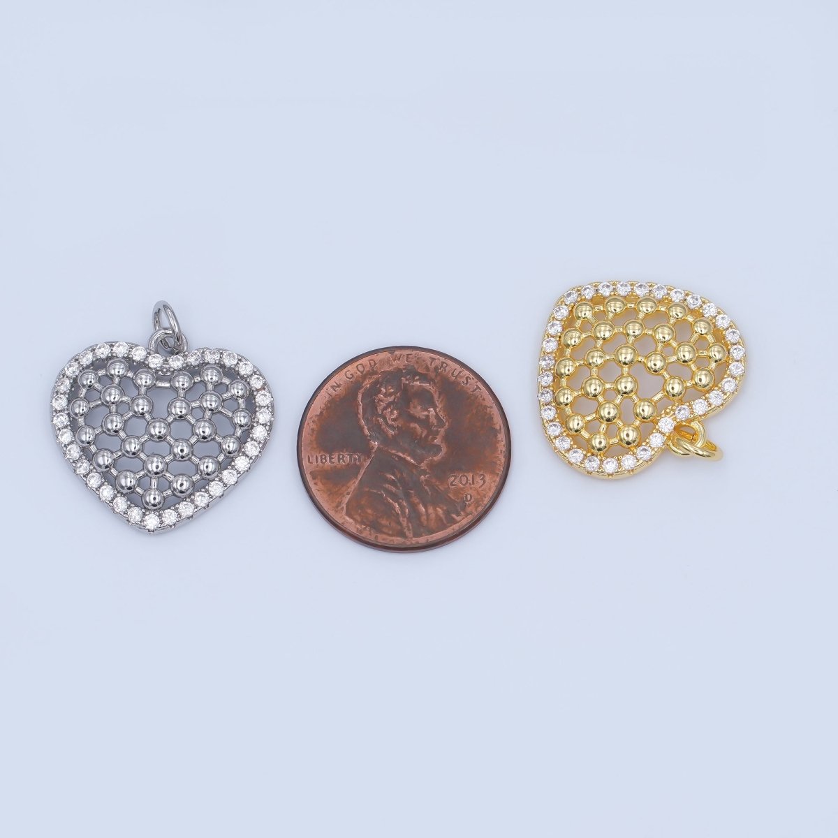 24K Gold Filled Open Bead Bar Heart Micro Paved CZ Charm in Gold & Silver | AJ289 - DLUXCA