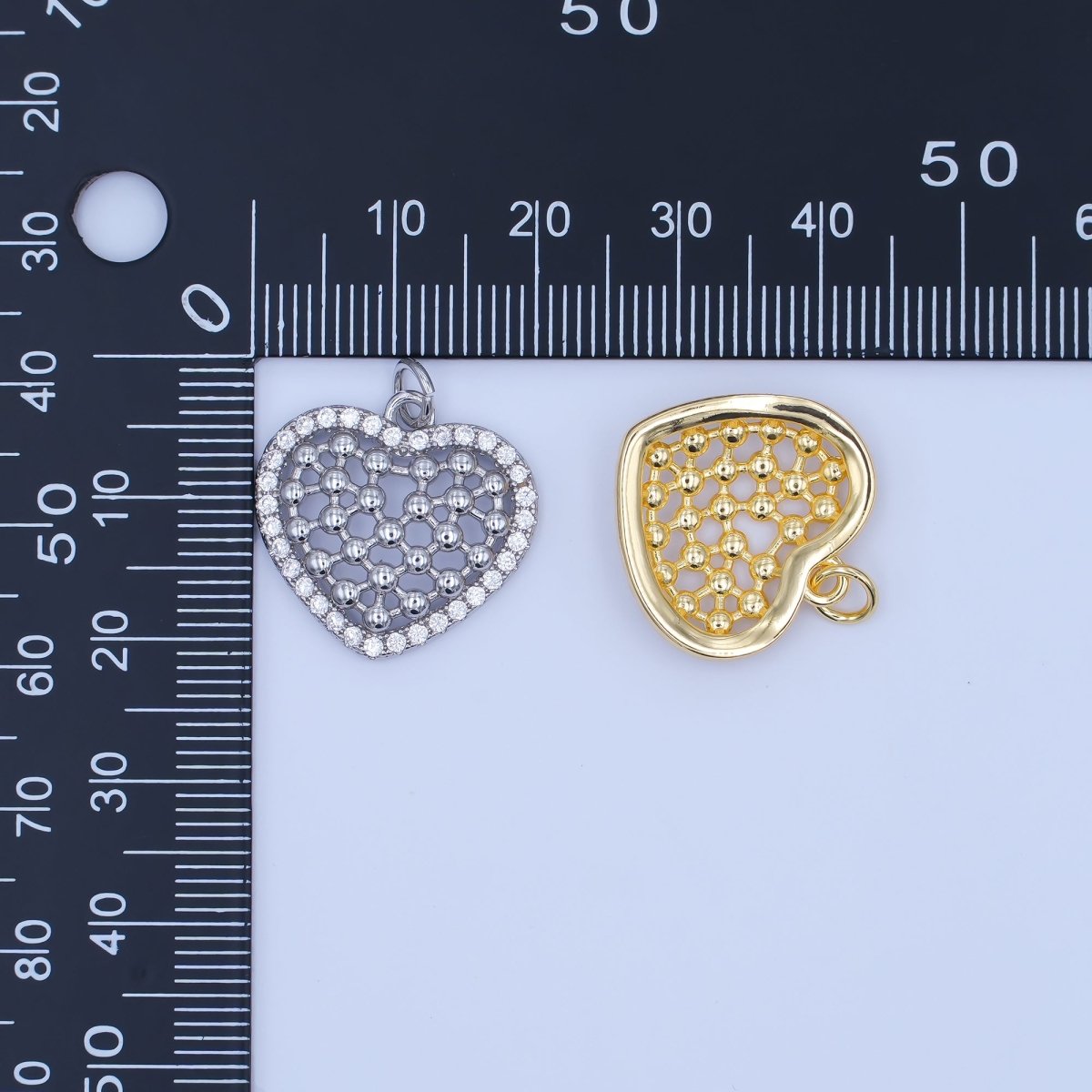 24K Gold Filled Open Bead Bar Heart Micro Paved CZ Charm in Gold & Silver | AJ289 - DLUXCA