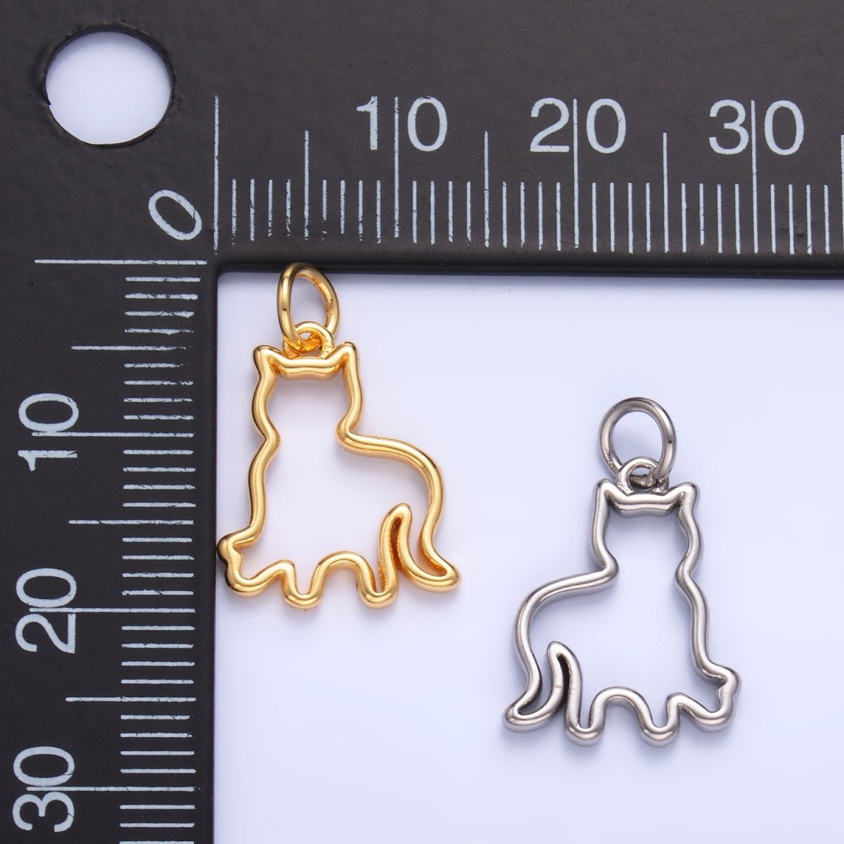 24K Gold Filled Open Cat Pet Silhouette Outline Charm in Gold & Silver | W397 - DLUXCA