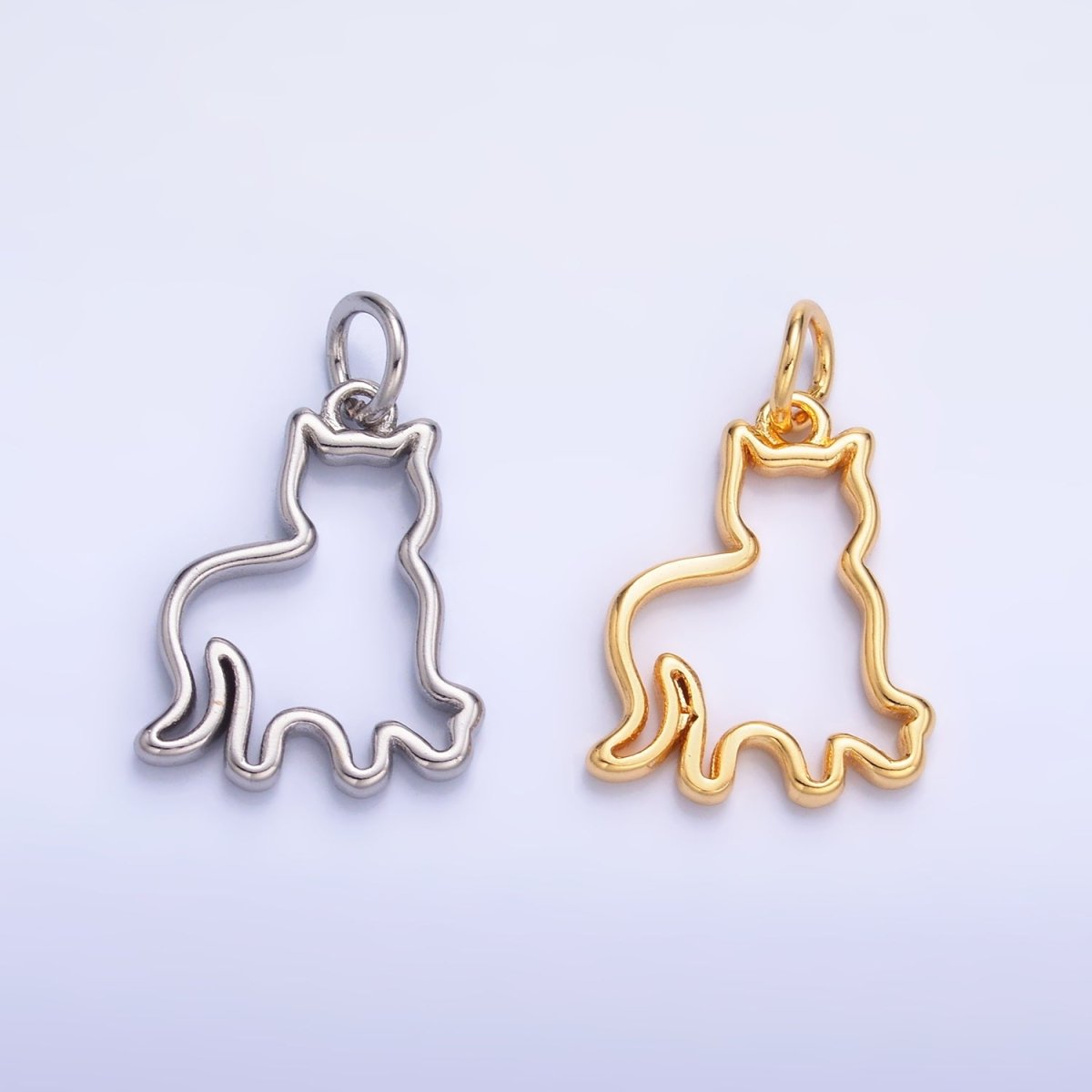 24K Gold Filled Open Cat Pet Silhouette Outline Charm in Gold & Silver | W397 - DLUXCA