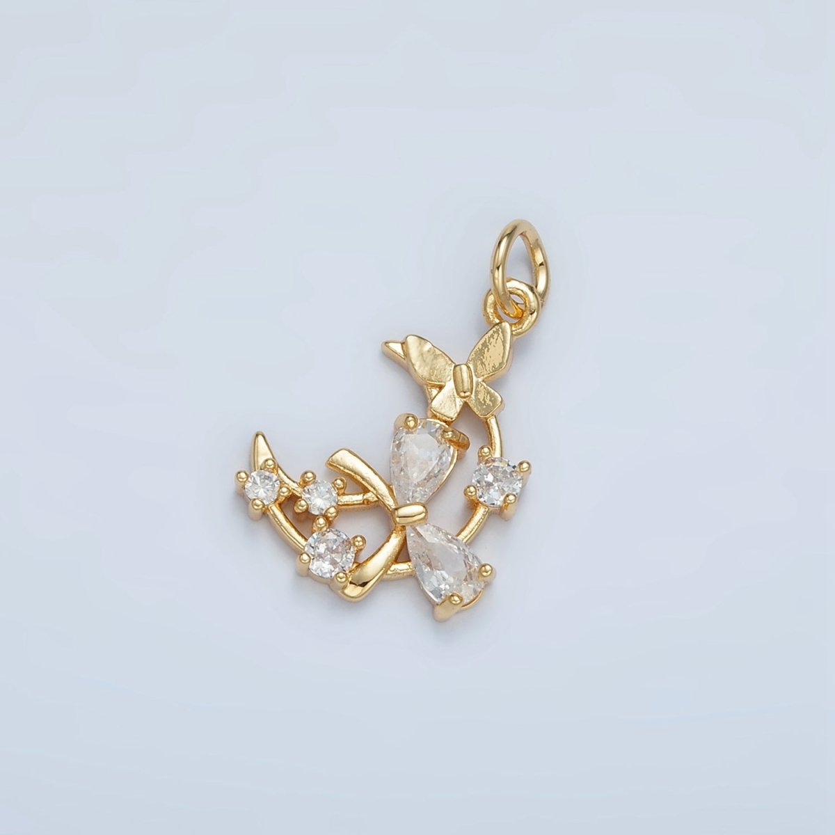 24K Gold Filled Open Celestial Crescent Moon Ribbon Bow Butterfly CZ Charm | N1411 - DLUXCA