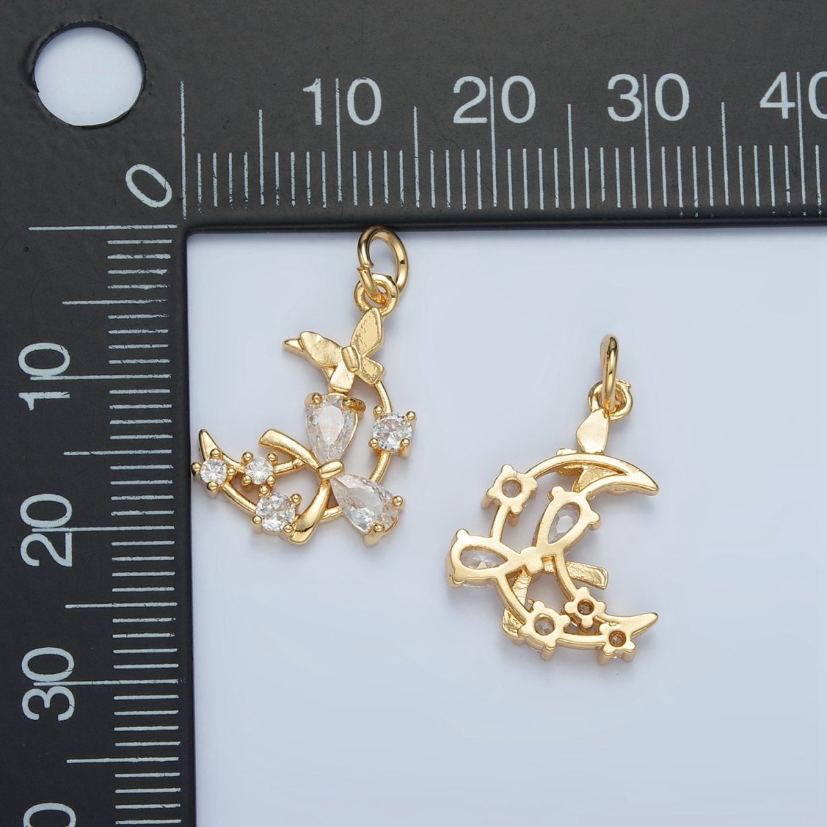 24K Gold Filled Open Celestial Crescent Moon Ribbon Bow Butterfly CZ Charm | N1411 - DLUXCA