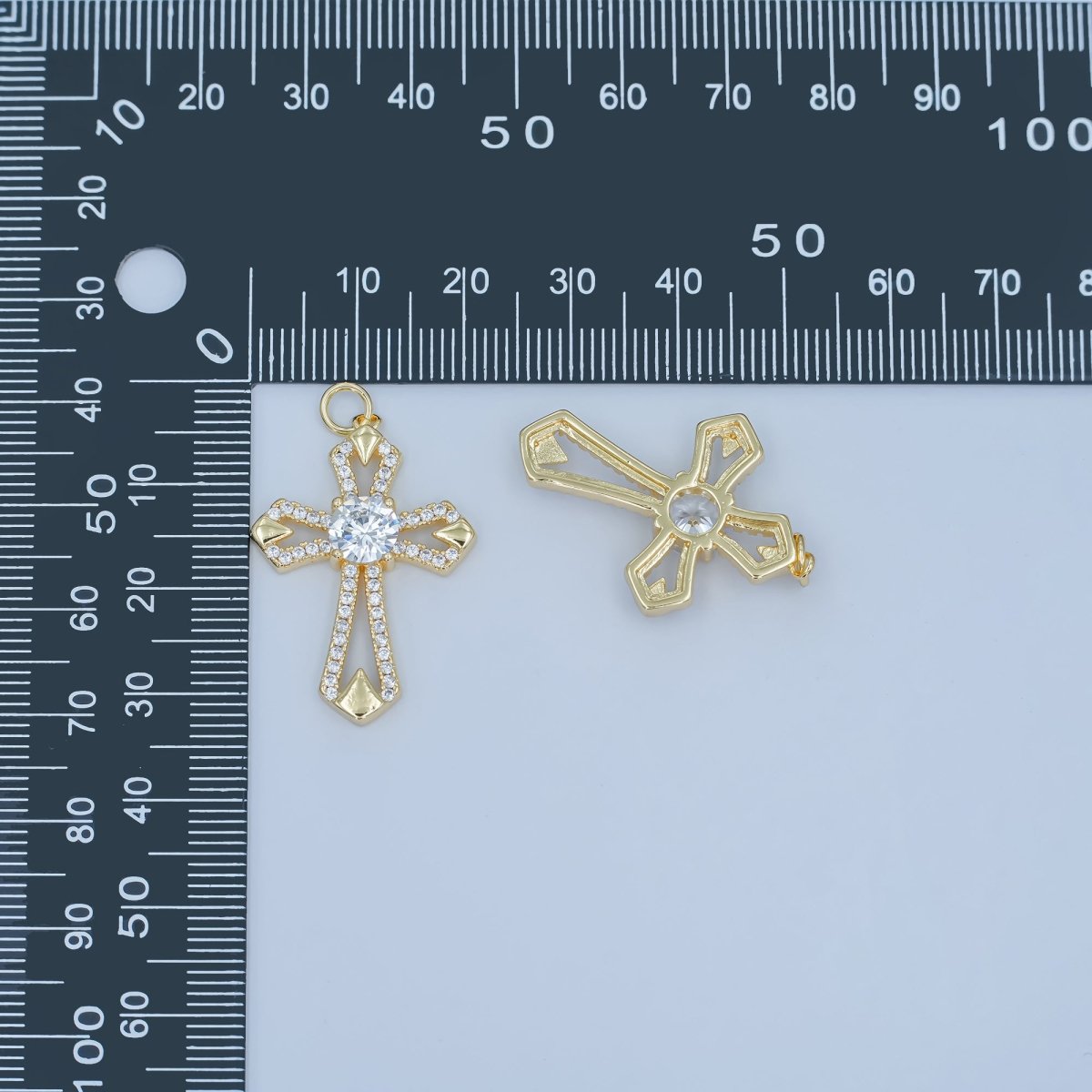 24K Gold Filled Open Clear CZ Micro Paved Passion Cross Charm | N118 - DLUXCA