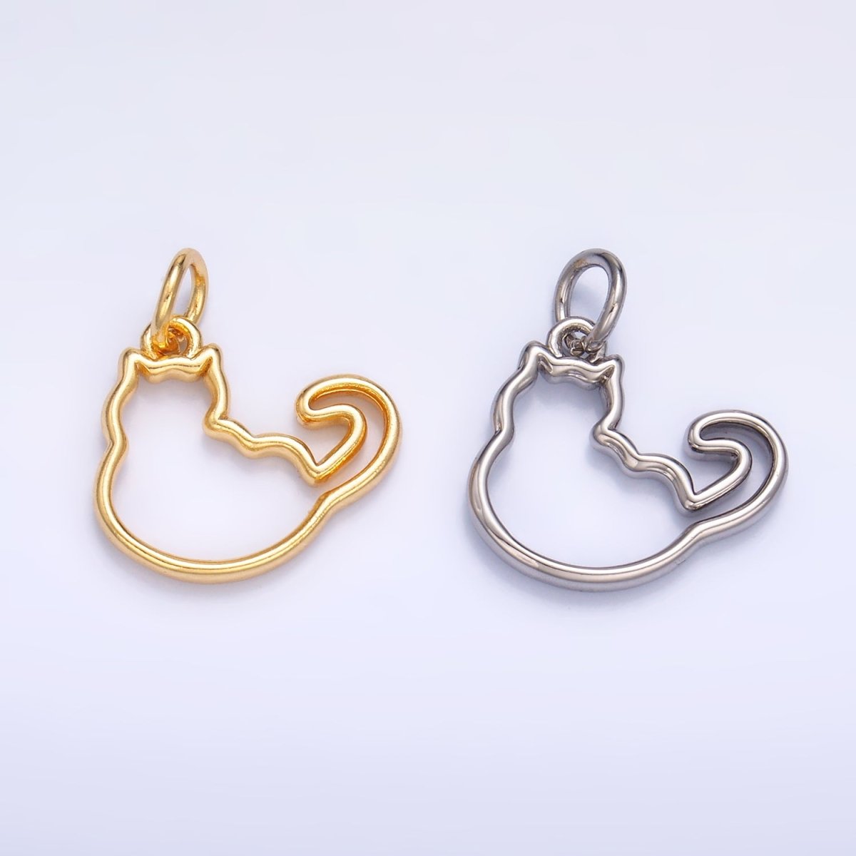 24K Gold Filled Open Fat Cat Pet Silhouette Outline Charm in Gold & Silver | W338 - DLUXCA