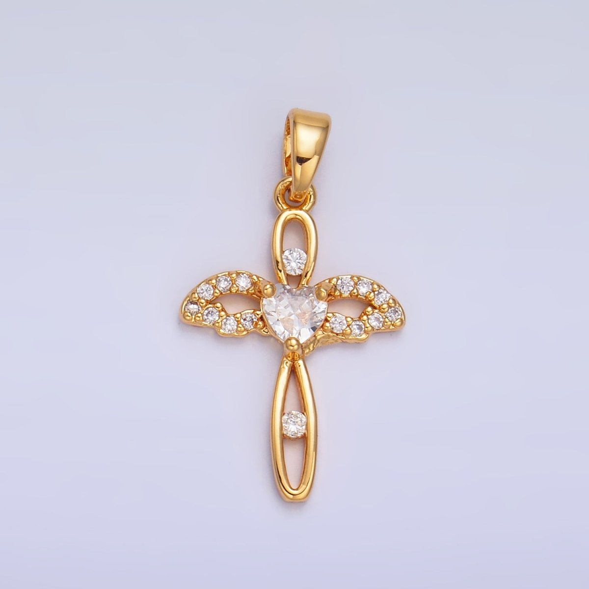 24K Gold Filled Open Heart Wings Micro Paved CZ Cross Pendant | AA1074 - DLUXCA