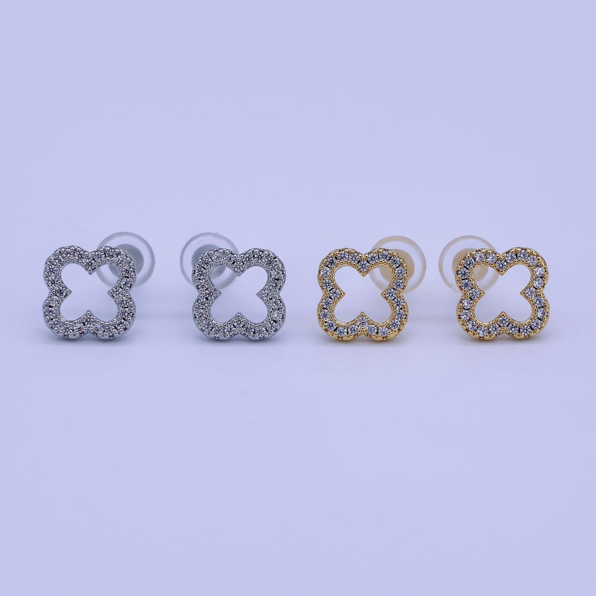 24K Gold Filled Open Micro Paved CZ Clover Stud Earrings in Gold & Silver | AE725 AE727 - DLUXCA