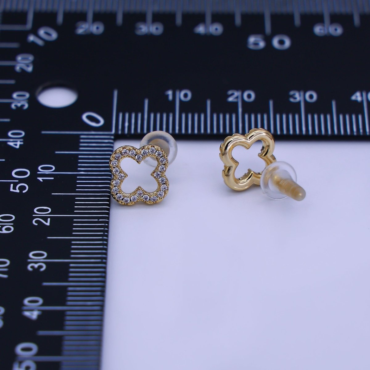 24K Gold Filled Open Micro Paved CZ Clover Stud Earrings in Gold & Silver | AE725 AE727 - DLUXCA