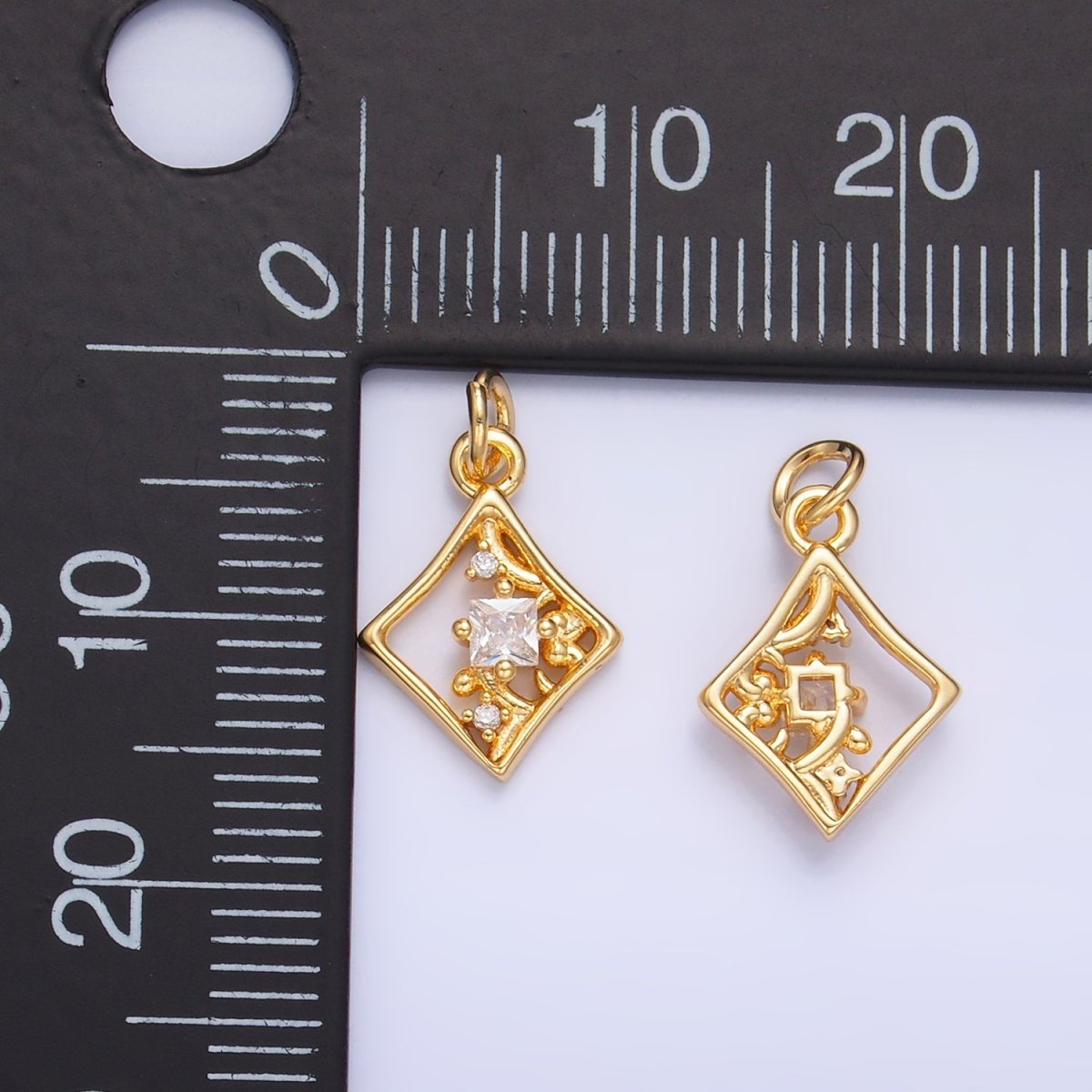 24K Gold Filled Open Rhombus CZ Artisan Diamond Card Charm | W211 - DLUXCA