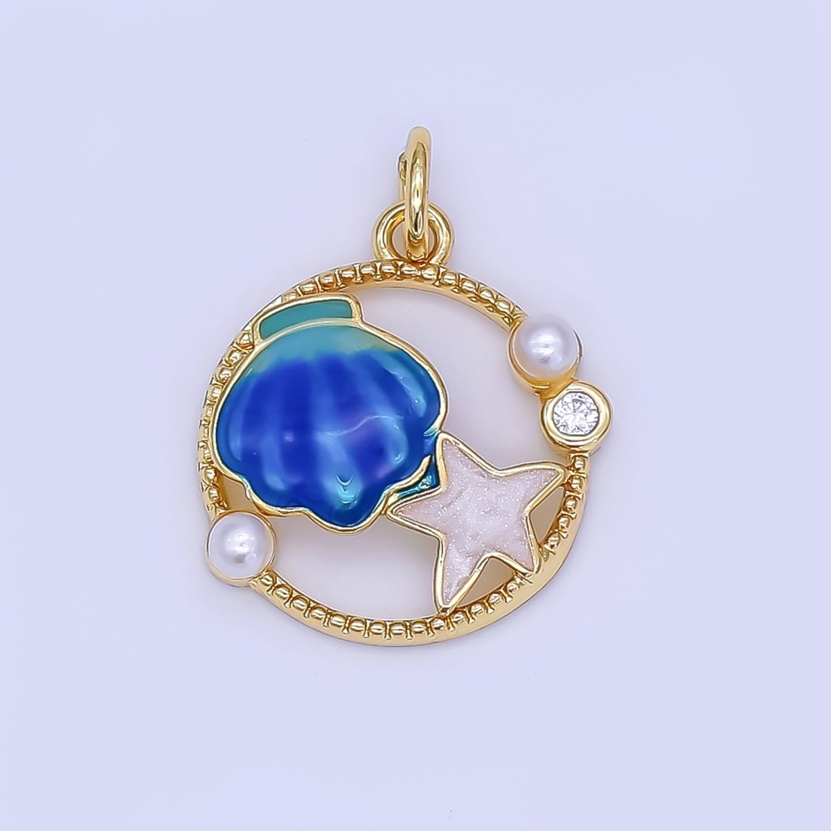 24K Gold Filled Orange, Blue, Orange Sea Clam Shell Starfish Open Round Charm | AF508 - AF509 - DLUXCA