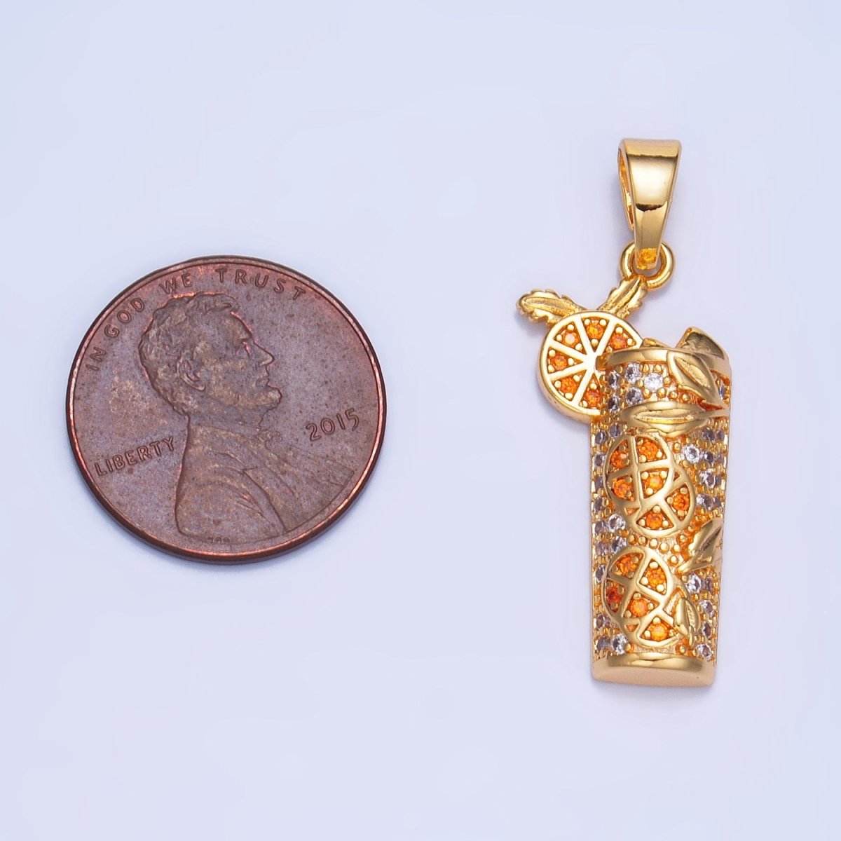 24K Gold Filled Orange Slice Juice Micro Paved CZ Drink Pendant in Gold & Silver | AA991 - DLUXCA