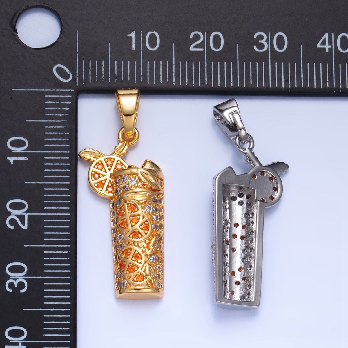 24K Gold Filled Orange Slice Juice Micro Paved CZ Drink Pendant in Gold & Silver | AA991 - DLUXCA