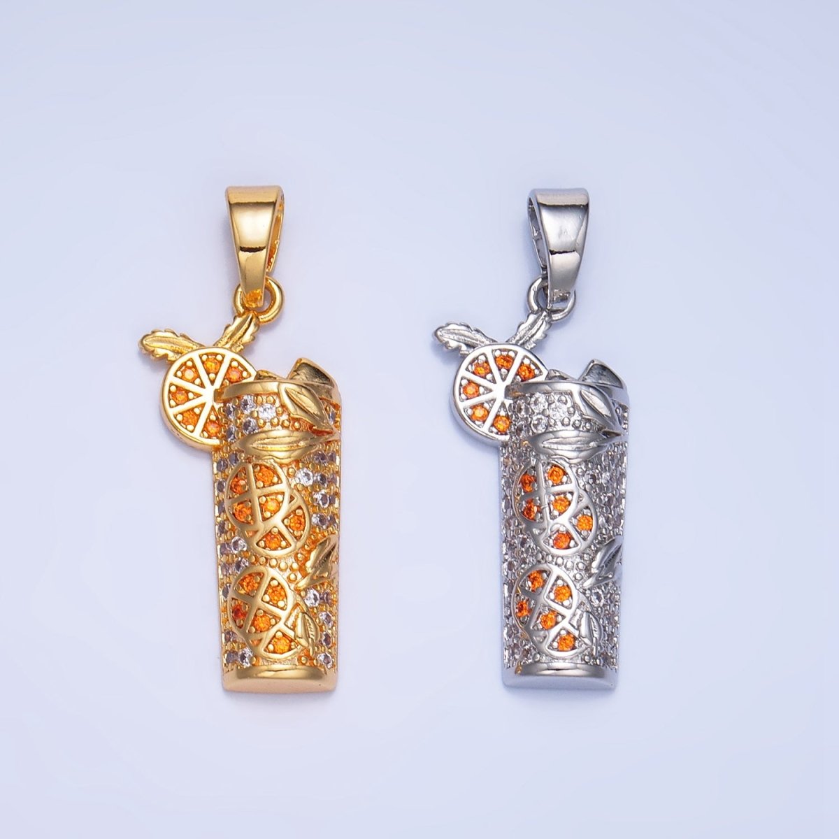 24K Gold Filled Orange Slice Juice Micro Paved CZ Drink Pendant in Gold & Silver | AA991 - DLUXCA