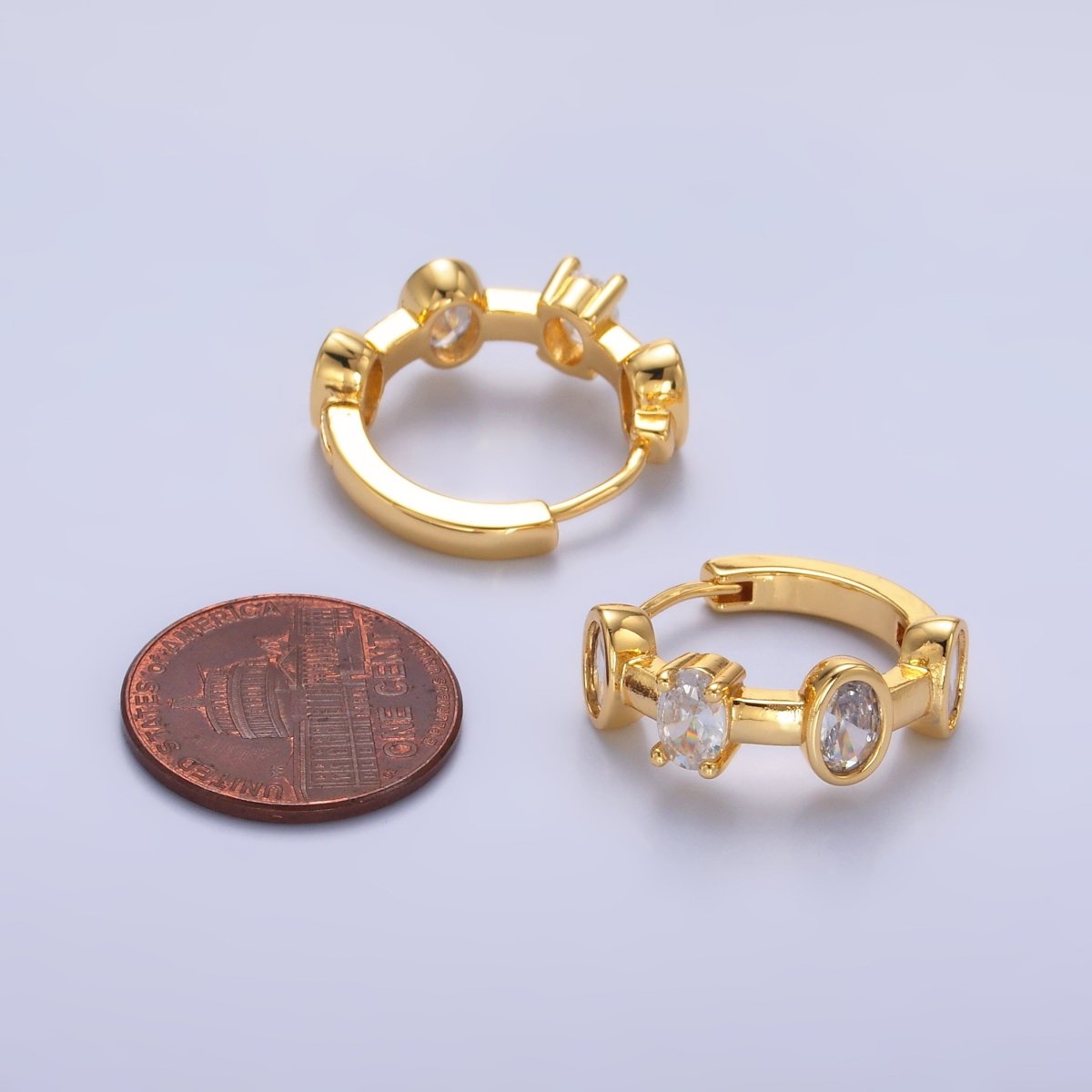 24K Gold Filled Oval CZ Bezel Huggie Hoop Earrings | V519 - DLUXCA