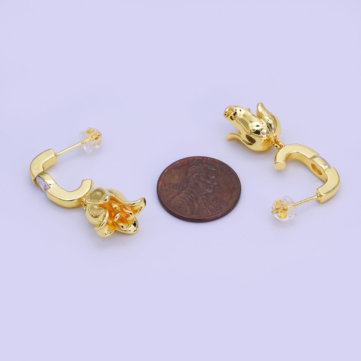 24K Gold Filled Oval CZ Flower J - Shaped Drop Hoop Earrings | AI443 - DLUXCA