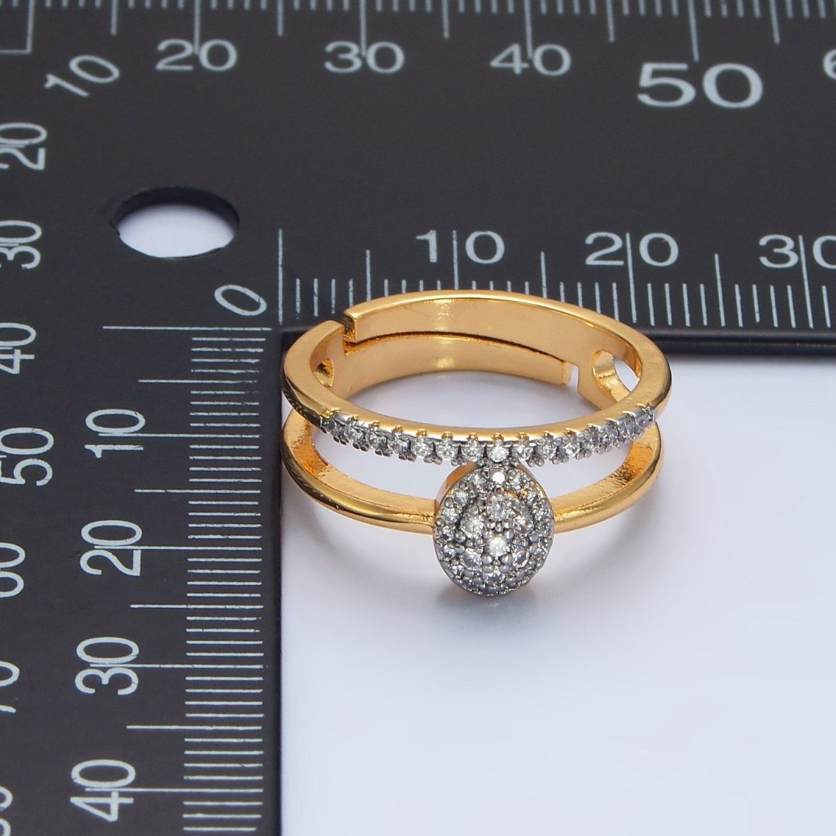 24K Gold Filled Oval Micro Paved CZ Double Band Mixed Metal Ring | O1426 - DLUXCA