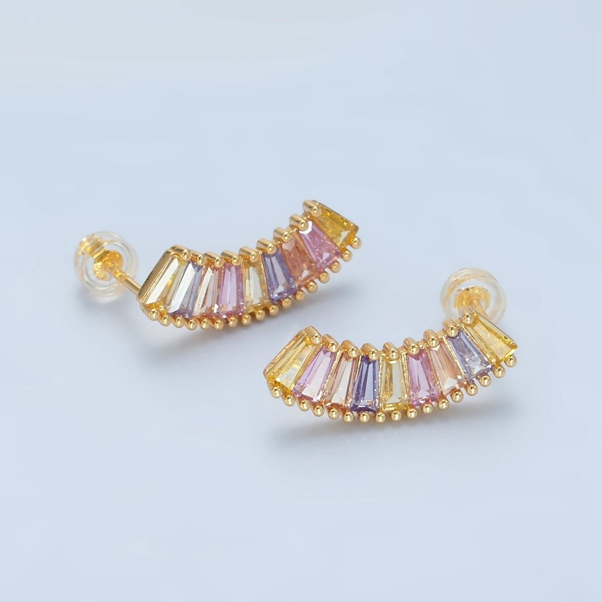 24K Gold Filled Pastel Multicolor Baguette Curved Stud Earrings | AD746 - DLUXCA