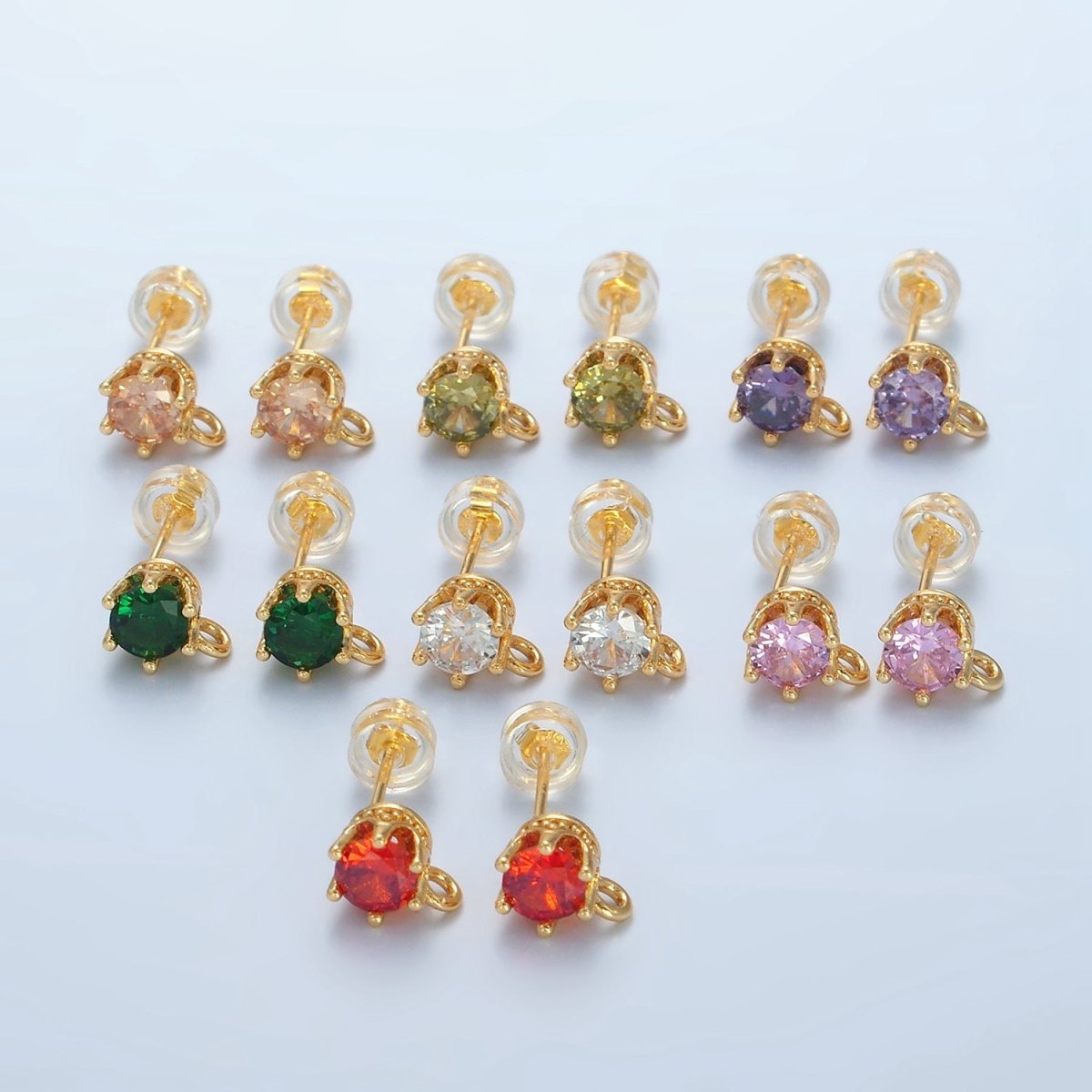 24K Gold Filled Peach, Green, Orange, Clear, Pink, Olive, Purple CZ Open Loop Drop Stud Earrings Findings | Z946 - Z952 - DLUXCA