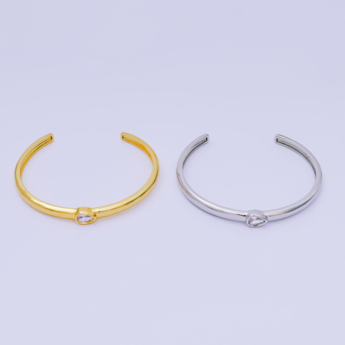 24K Gold Filled Pear CZ Minimalist Teardrop Bangle Cuff Bracelet in Gold & Silver | WA - 3095 - WA - 3096 - DLUXCA