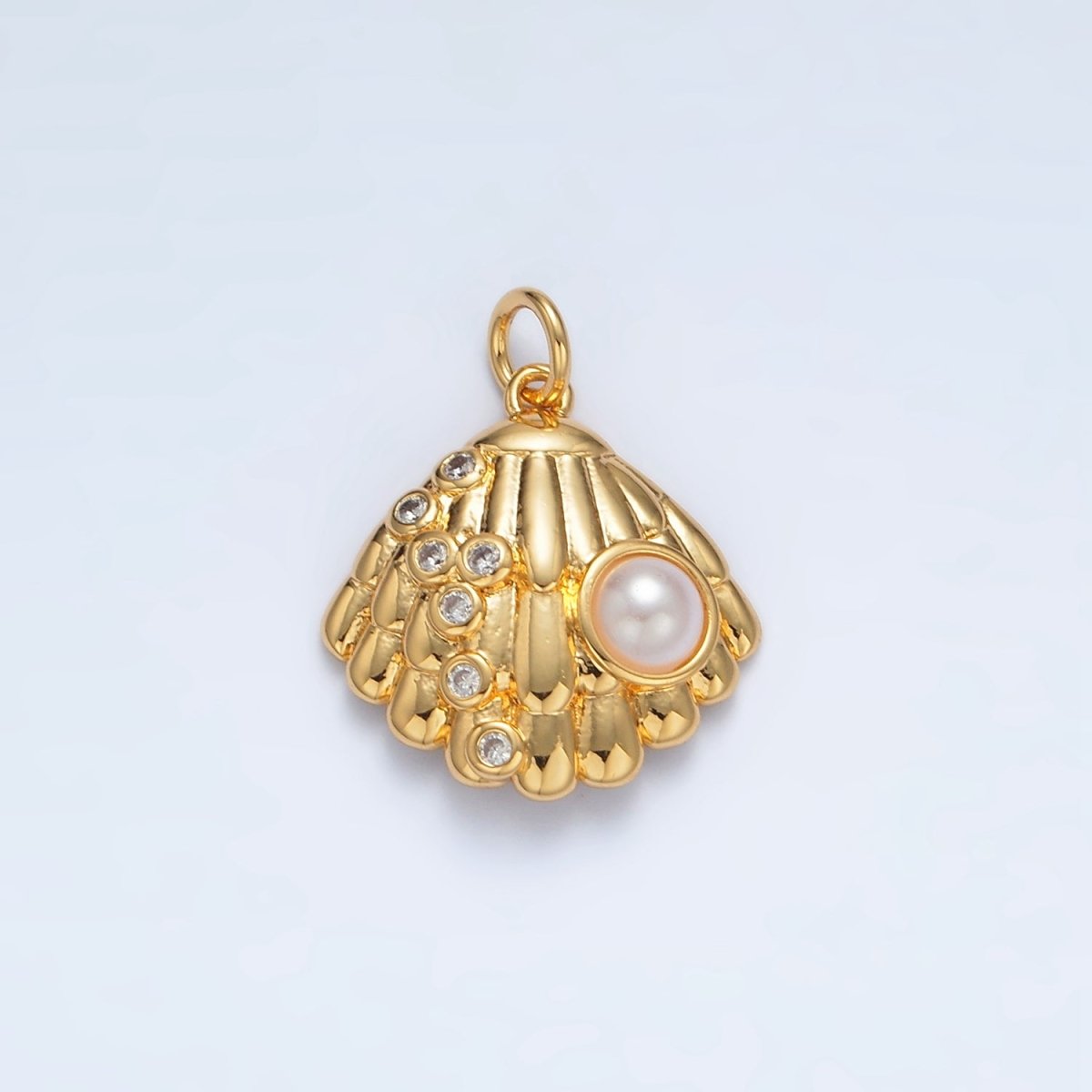 24K Gold Filled Pearl CZ Dotted Clam Sea Shell Charm in Gold & Silver | AG866 - DLUXCA