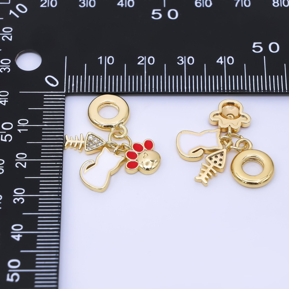 24K Gold Filled Pet Cat Kitten Paw Fish Bone Micro Paved Enamel Rondelle Drop Pendant | AF1308 - DLUXCA