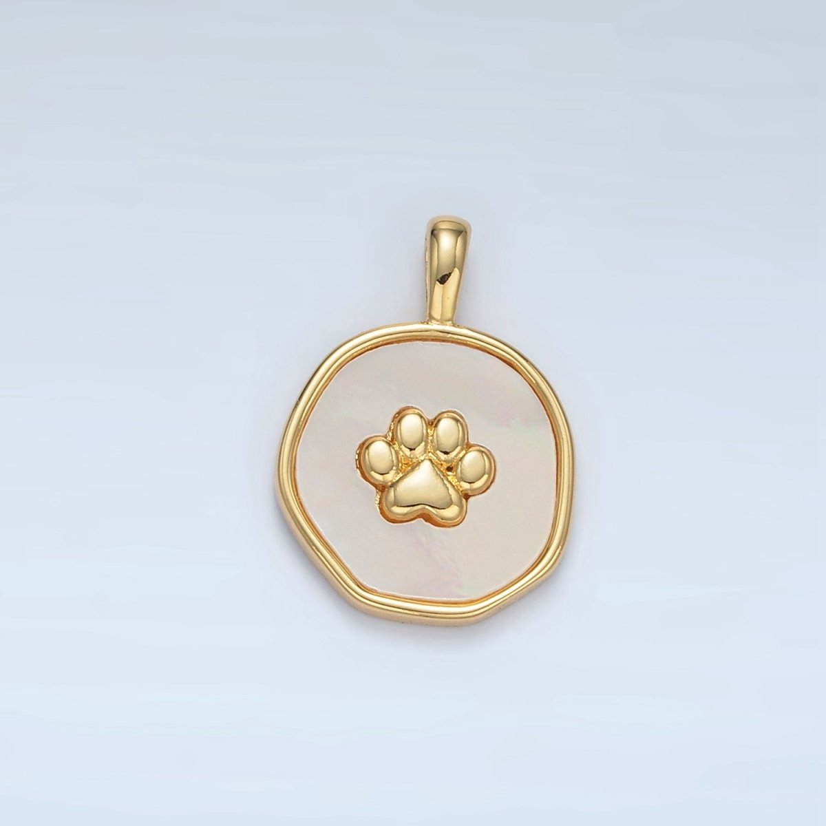 24K Gold Filled Pet Paw Print Shell Pearl Stamped Round Pendant | AA1371 - DLUXCA