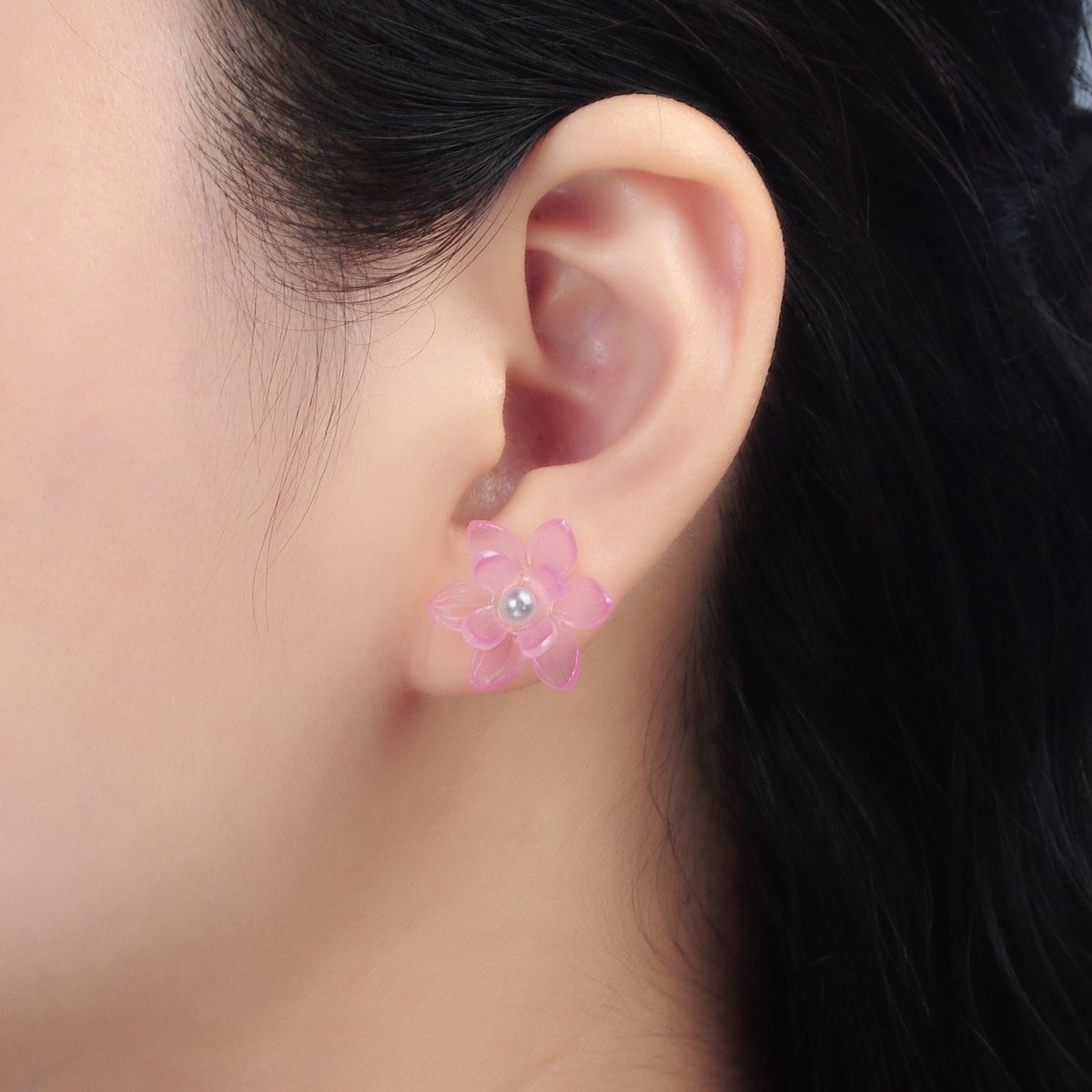 24K Gold Filled Pink Acrylic Sakura Flower Stud Earrings | P099 - DLUXCA