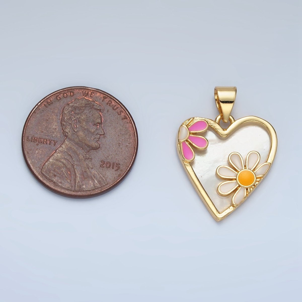 24K Gold Filled Pink and White Enamel Daisy Flowers Heart Pendant | AA - 855 - DLUXCA