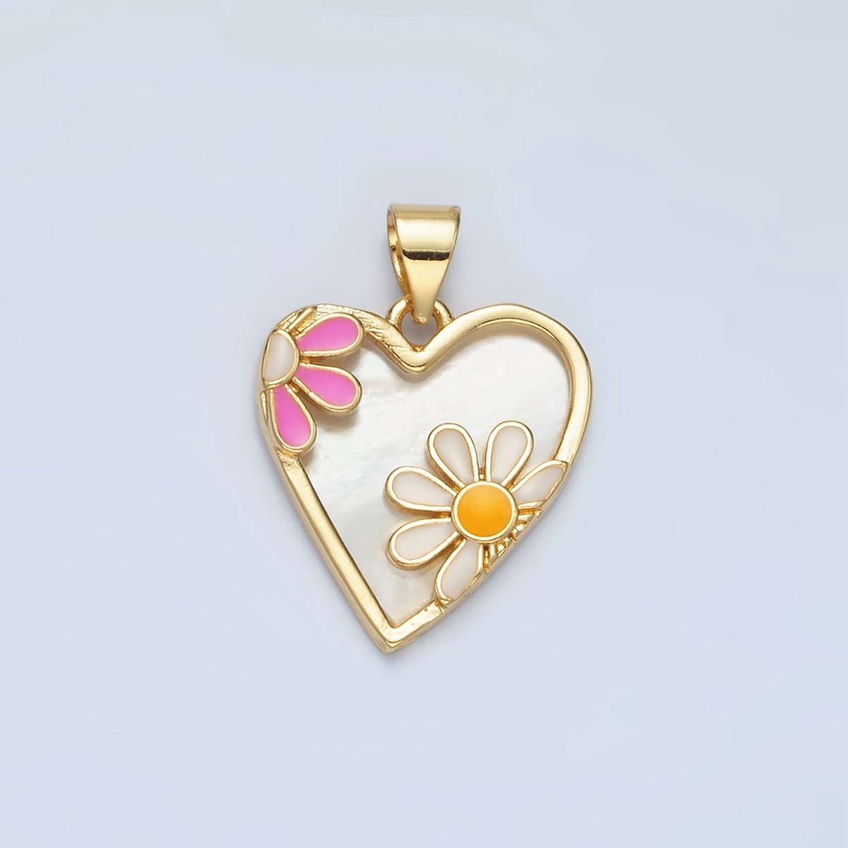 24K Gold Filled Pink and White Enamel Daisy Flowers Heart Pendant | AA - 855 - DLUXCA