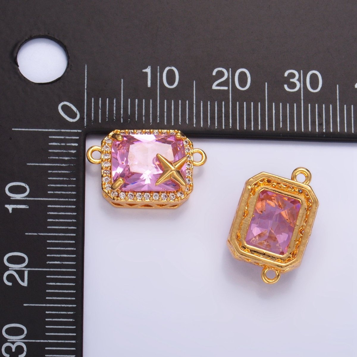 24K Gold Filled Pink Baguette Micro Paved CZ Celestial Star Connector | F732 - DLUXCA