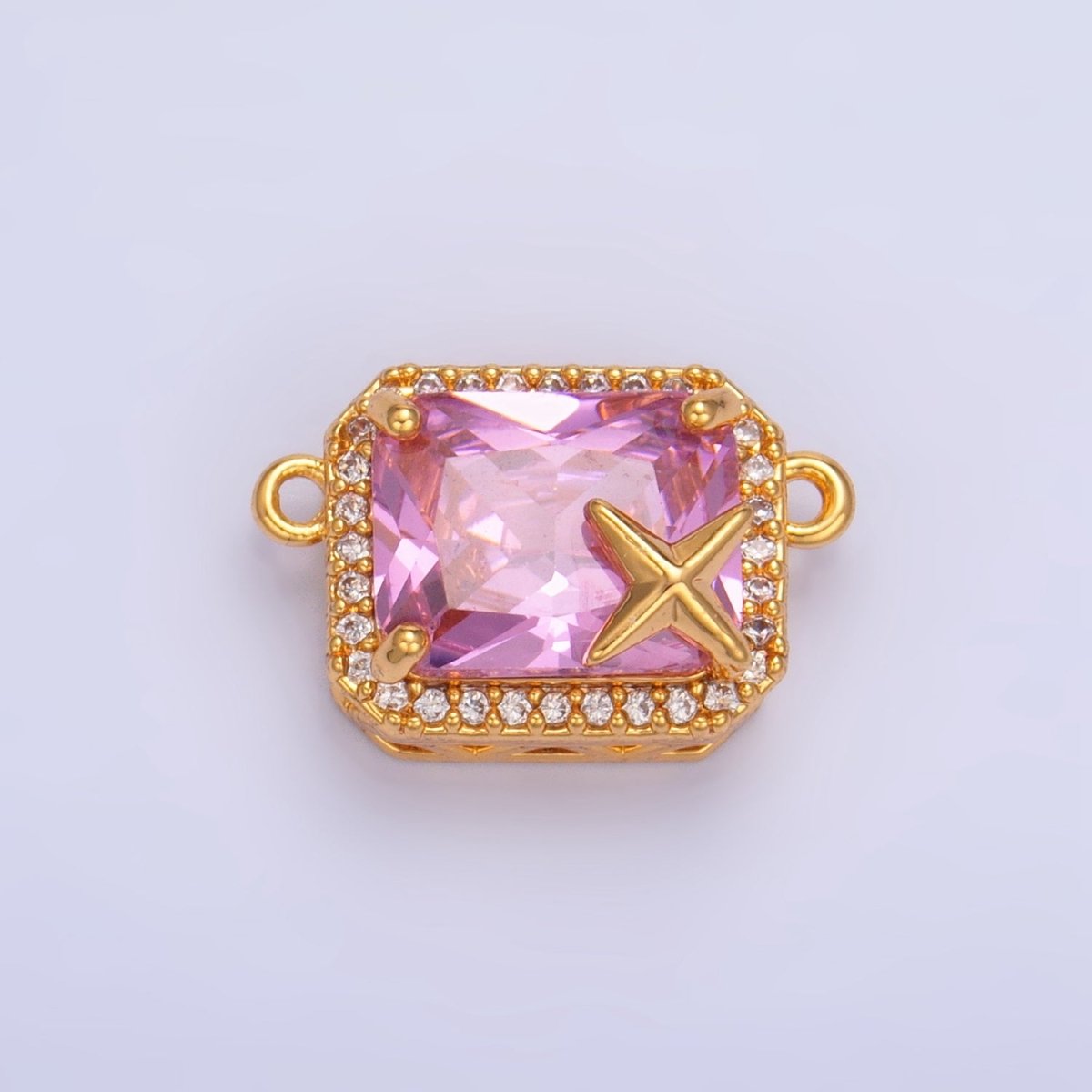 24K Gold Filled Pink Baguette Micro Paved CZ Celestial Star Connector | F732 - DLUXCA