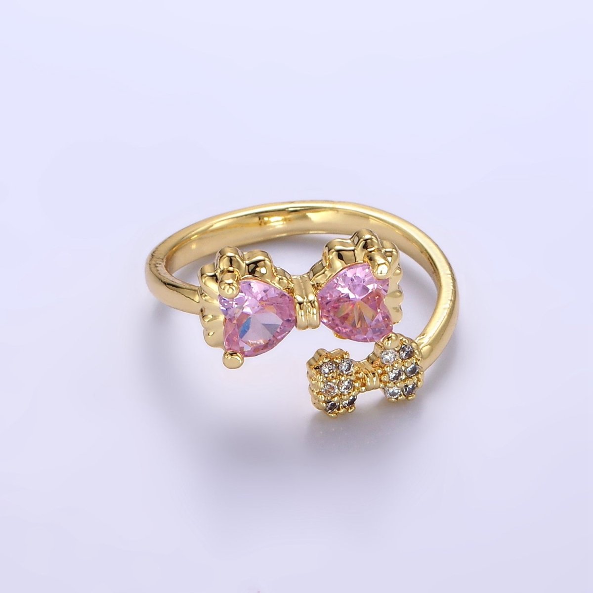 24K Gold Filled Pink Bow Ring Micro Paved Clear CZ Ribbon Ring | O1390 - DLUXCA