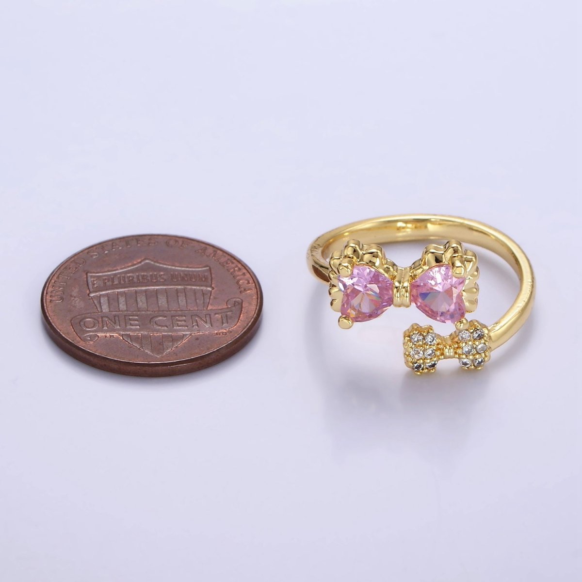 24K Gold Filled Pink Bow Ring Micro Paved Clear CZ Ribbon Ring | O1390 - DLUXCA