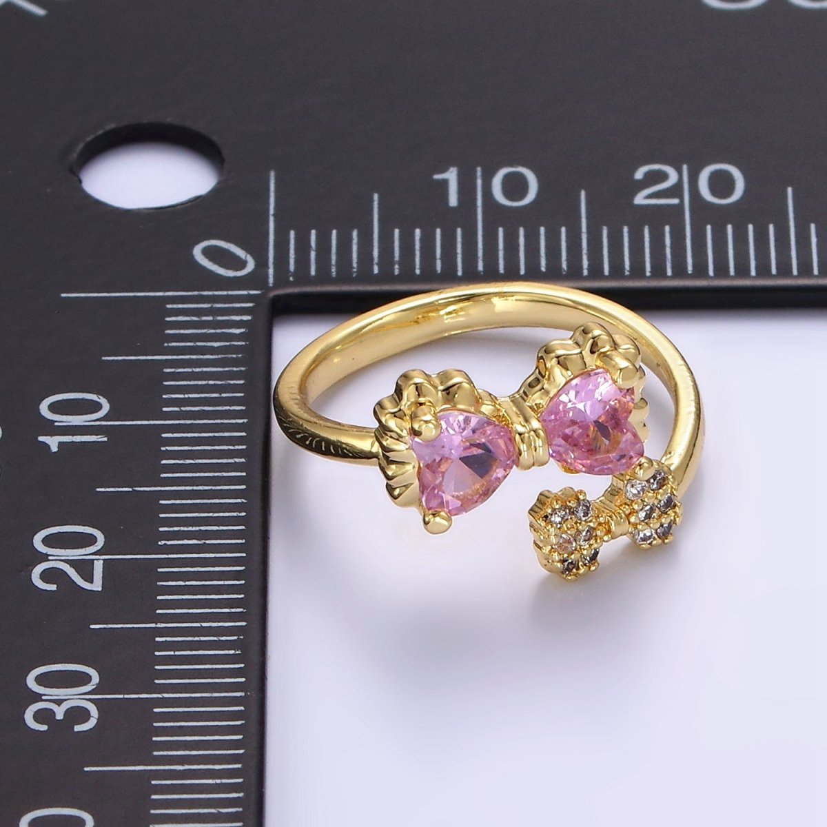 24K Gold Filled Pink Bow Ring Micro Paved Clear CZ Ribbon Ring | O1390 - DLUXCA