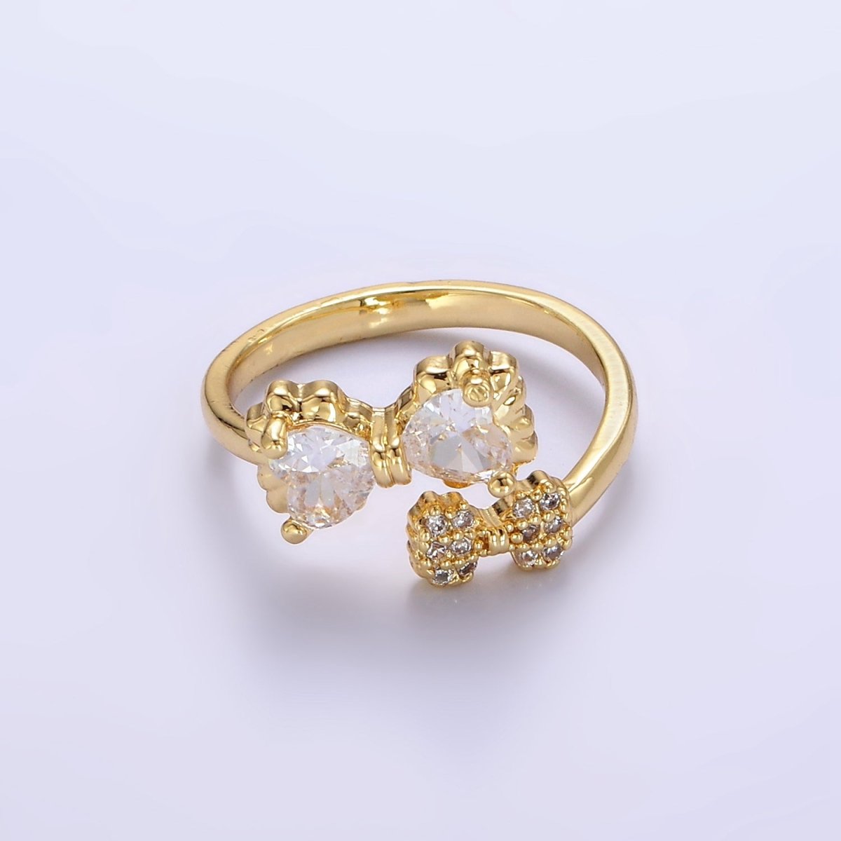 24K Gold Filled Pink Bow Ring Micro Paved Clear CZ Ribbon Ring | O1390 - DLUXCA