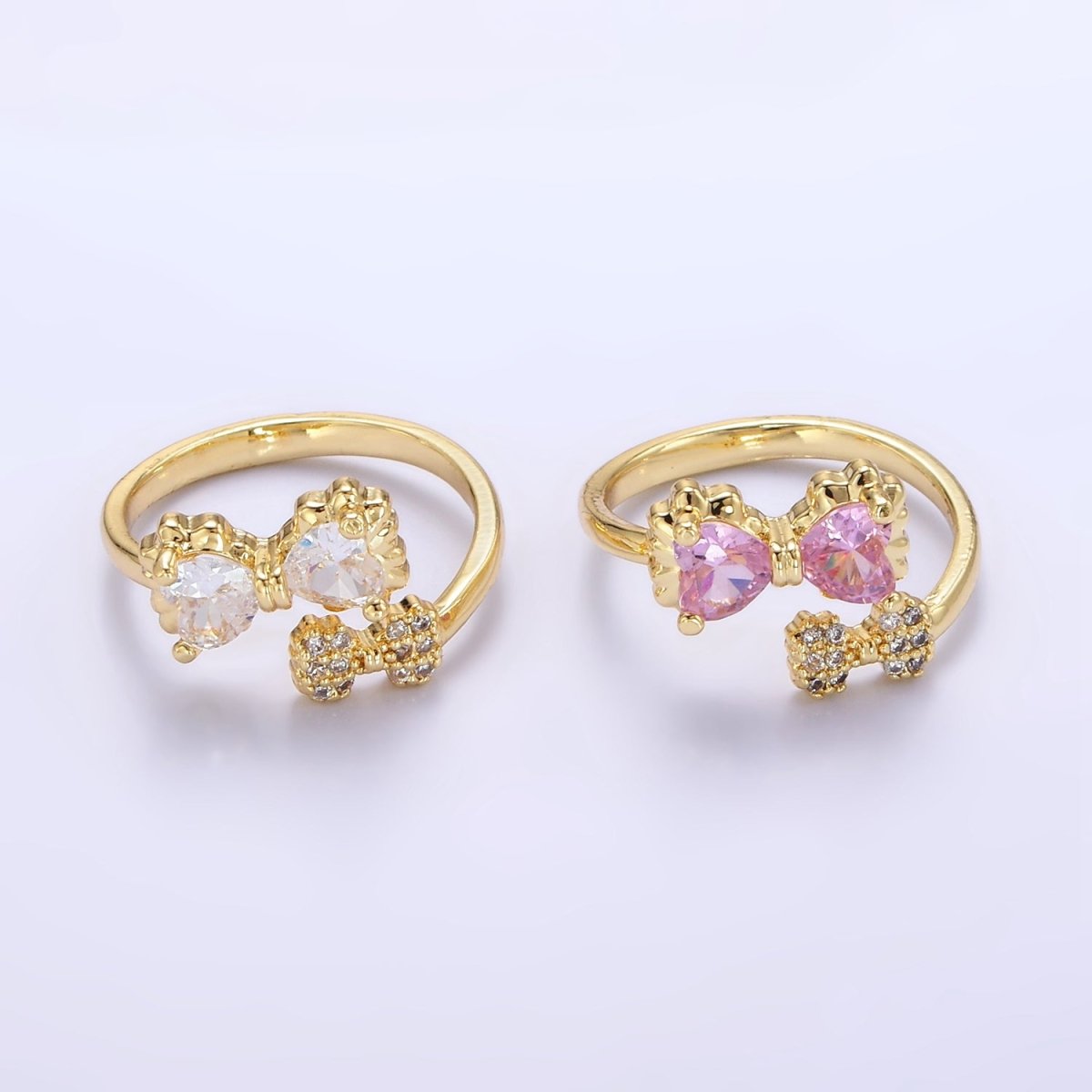 24K Gold Filled Pink Bow Ring Micro Paved Clear CZ Ribbon Ring | O1390 - DLUXCA