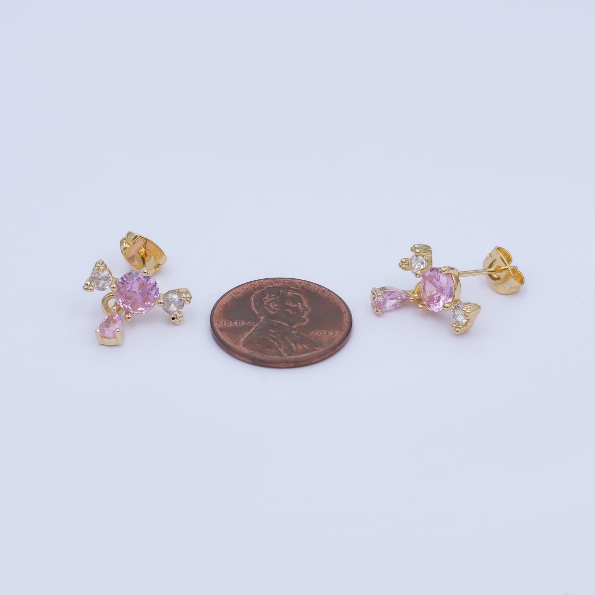 24K Gold Filled Pink - Clear Cluster Teardrop Drop Stud Earrings | AI476 - DLUXCA