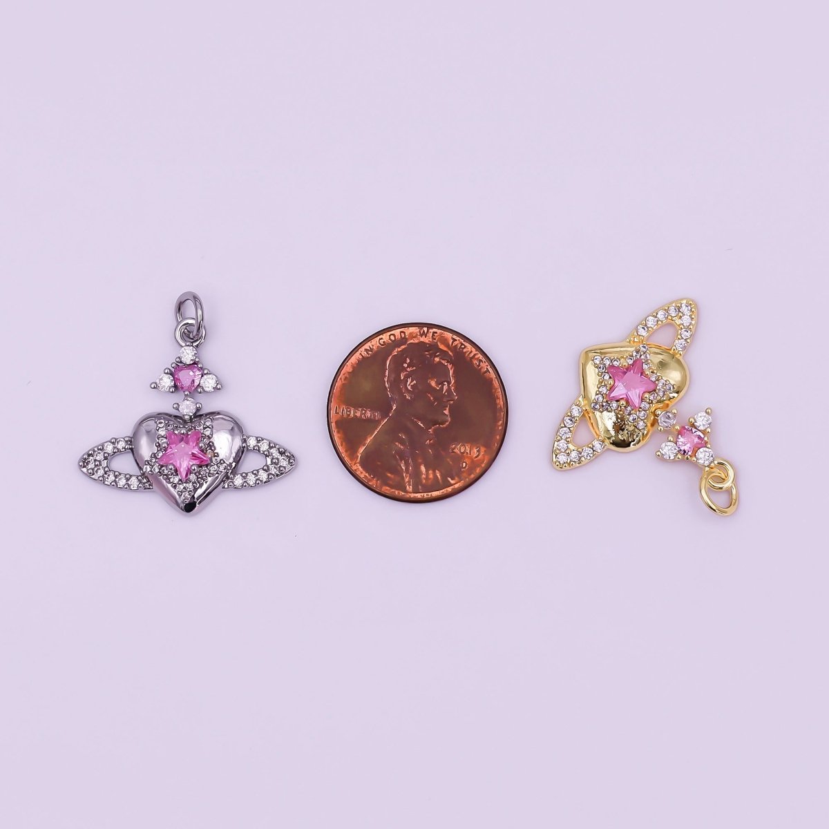 24K Gold Filled Pink, Clear CZ Celestial Heart Charm in Gold & Silver | AF471 - DLUXCA